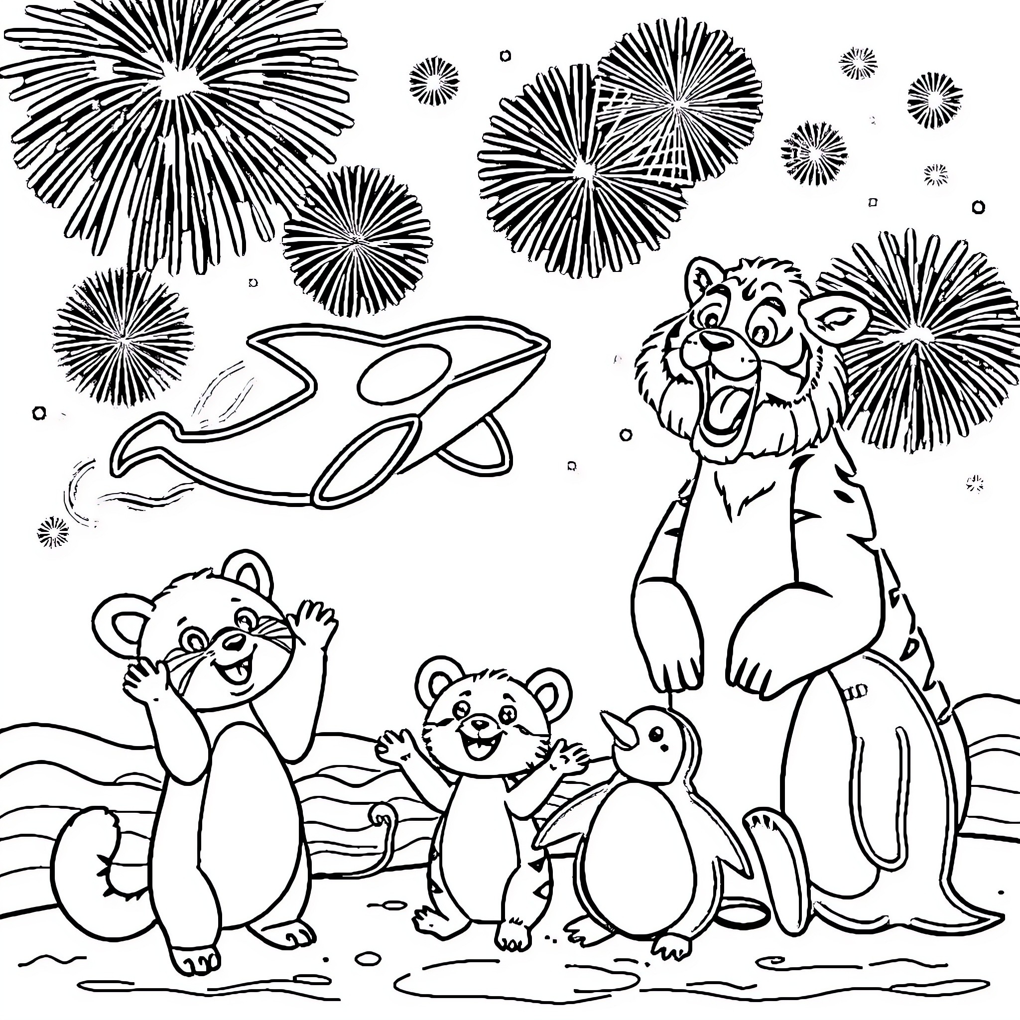 Orca Fireworks and Cheerful Animals Coloring Page (free black-and-white line drawing printable PDF for all, from beginners to advanced learners, including children, teens, adults, and seniors)