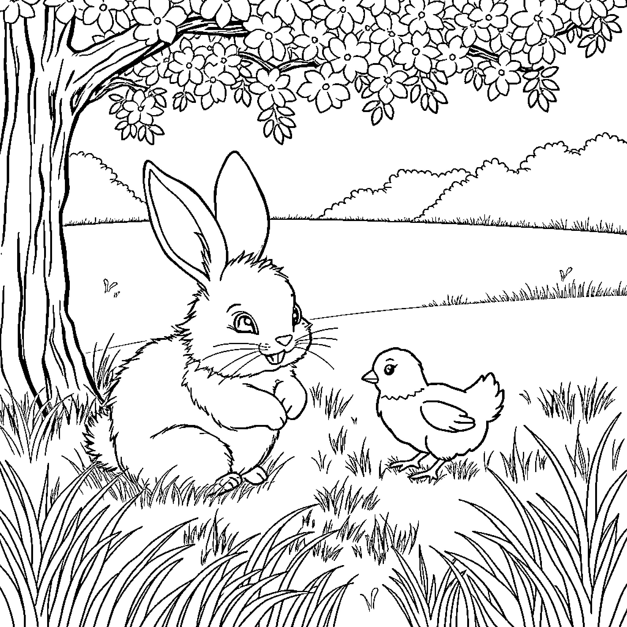 Bunny and chick enjoying a peaceful scene Coloring Page (free black-and-white line drawing printable PDF for all, from beginners to advanced learners, including children, teens, adults, and seniors)