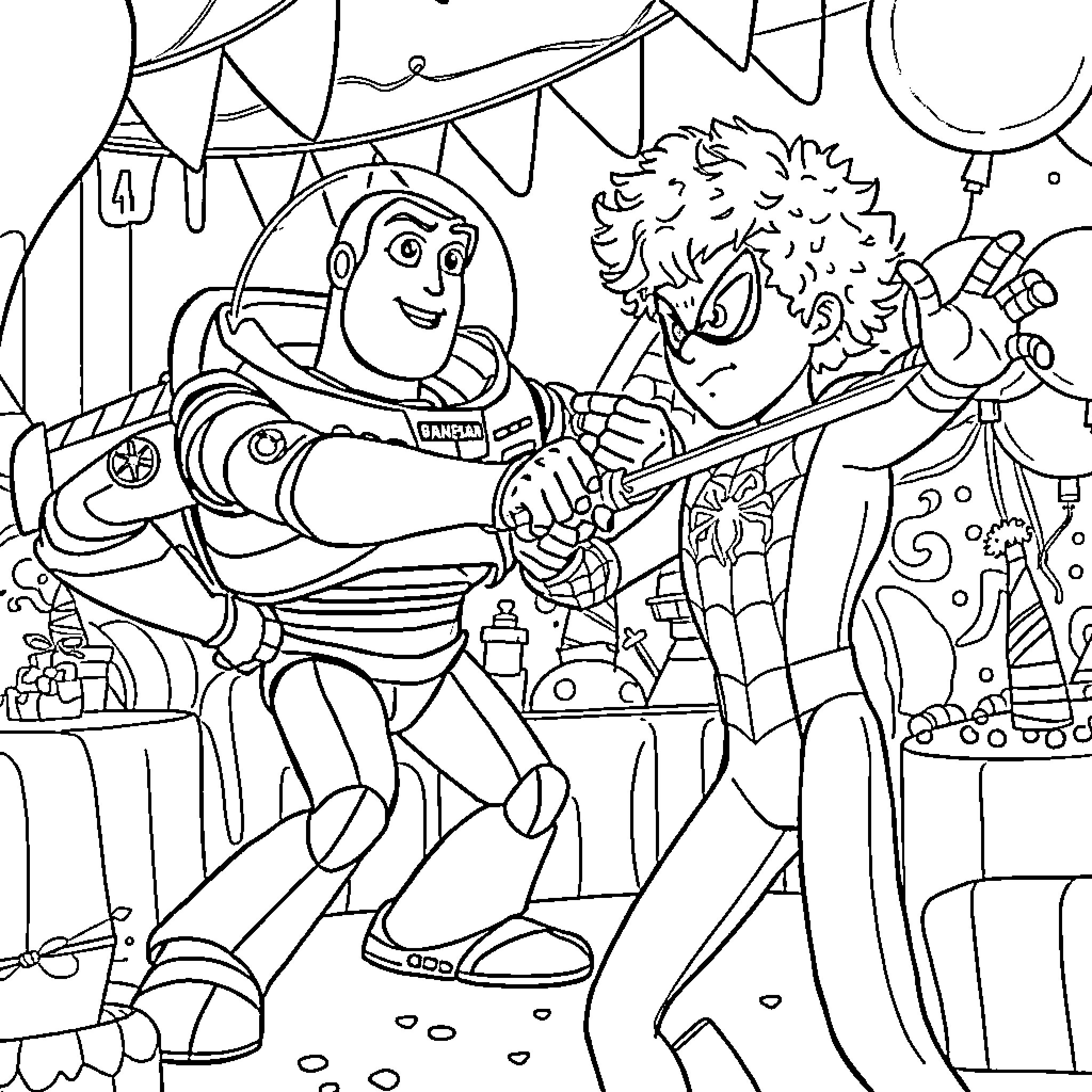 Buzz Lightyear sharing a celebratory moment with a friend Coloring Page (free black-and-white line drawing printable PDF for all, from beginners to advanced learners, including children, teens, adults, and seniors)