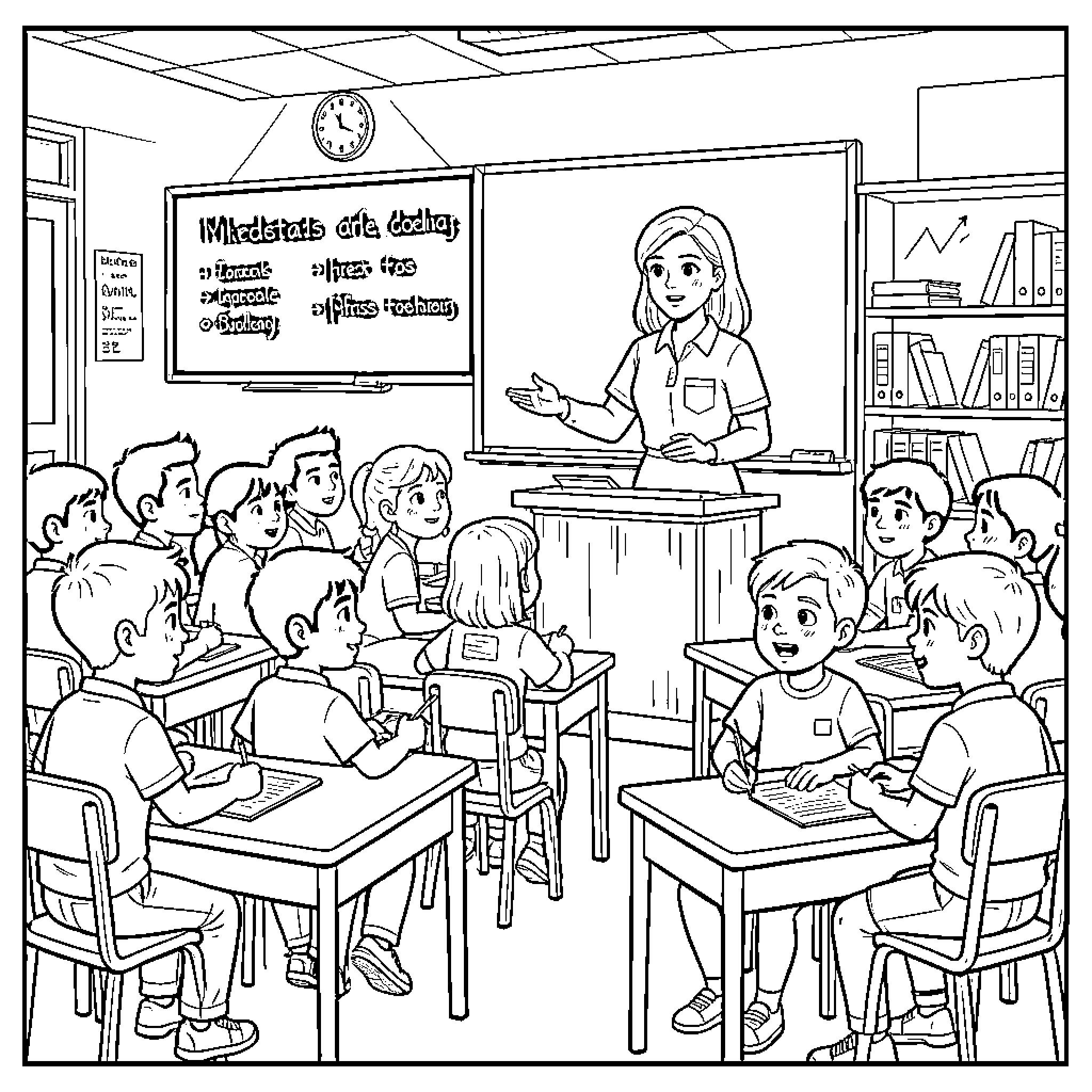 Teacher explaining a lesson to attentive students in classroom Coloring Page (free black-and-white line drawing printable PDF for all, from beginners to advanced learners, including children, teens, adults, and seniors)