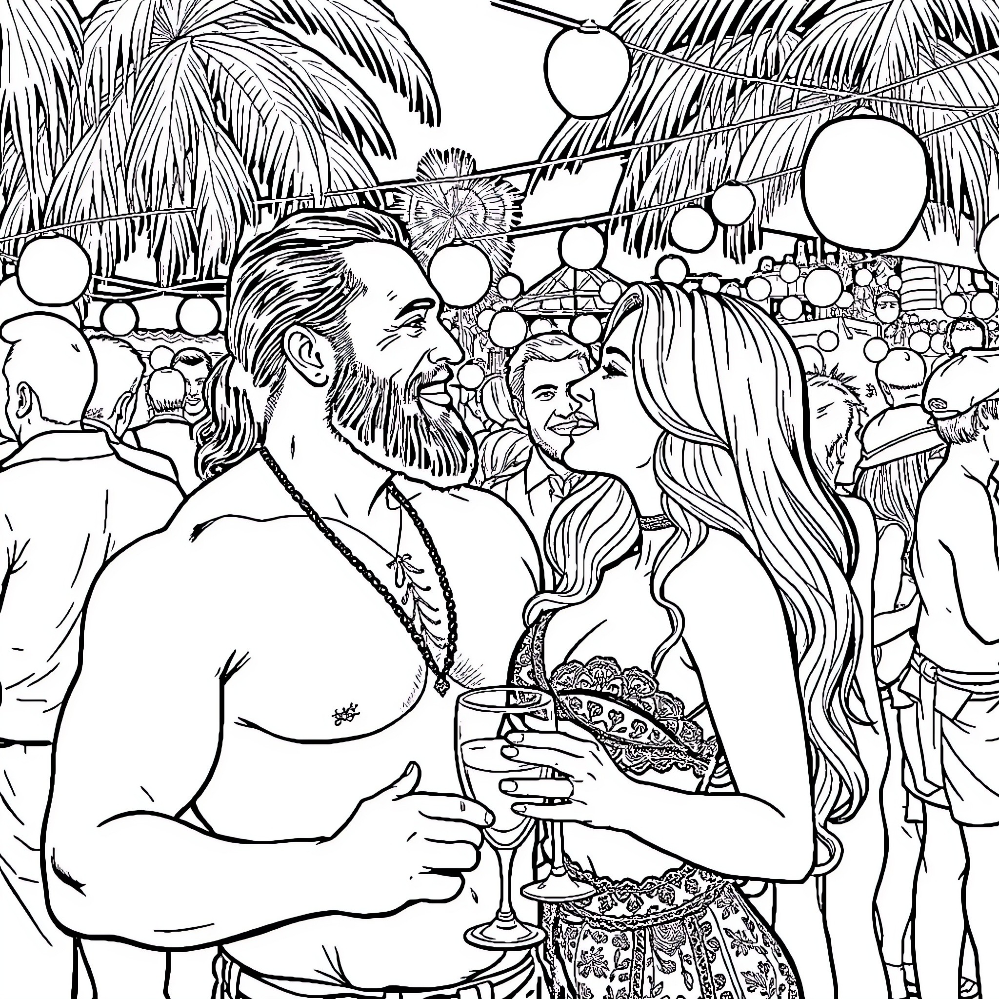Jason Momoa enjoying a tropical celebration with friends Coloring Page (free black-and-white line drawing printable PDF for all, from beginners to advanced learners, including children, teens, adults, and seniors)
