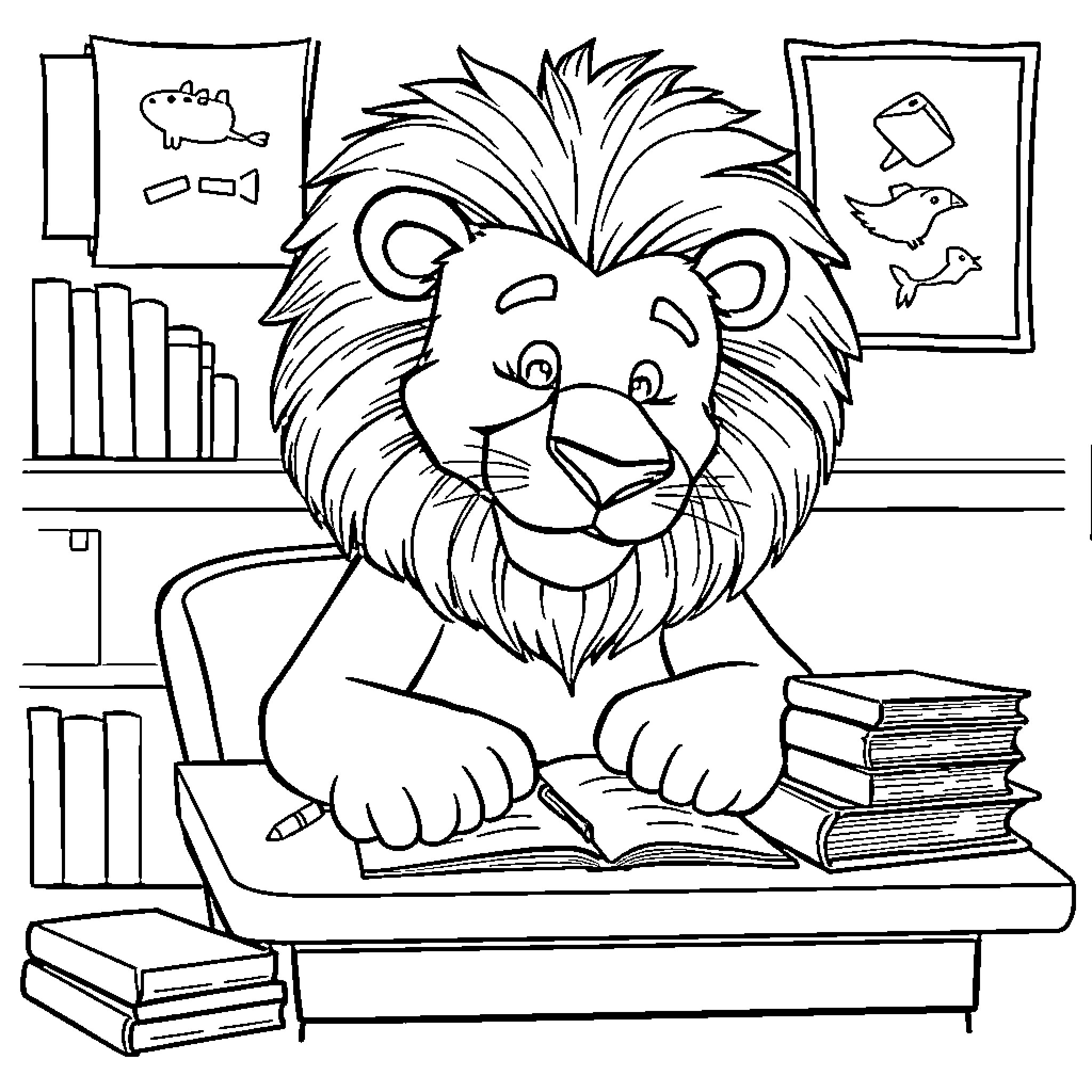 Roary the Lion Studies Diligently at His Desk Coloring Page (free black-and-white line drawing printable PDF for all, from beginners to advanced learners, including children, teens, adults, and seniors)