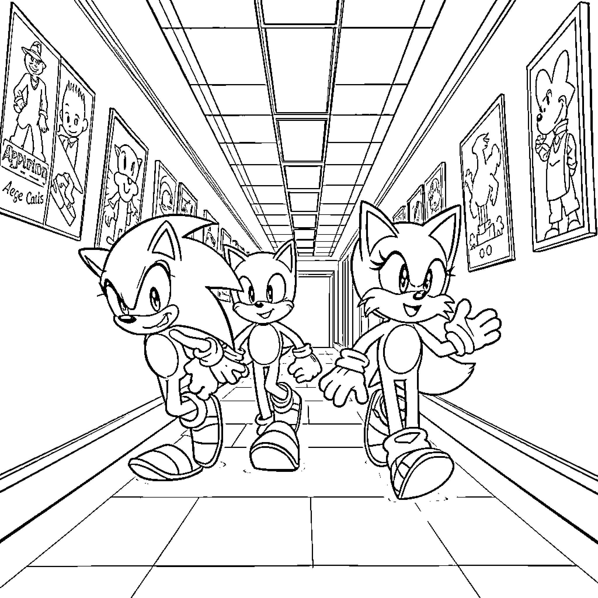 Sonic Characters Exploring Colorful Hallway Coloring Page (free black-and-white line drawing printable PDF for all, from beginners to advanced learners, including children, teens, adults, and seniors)