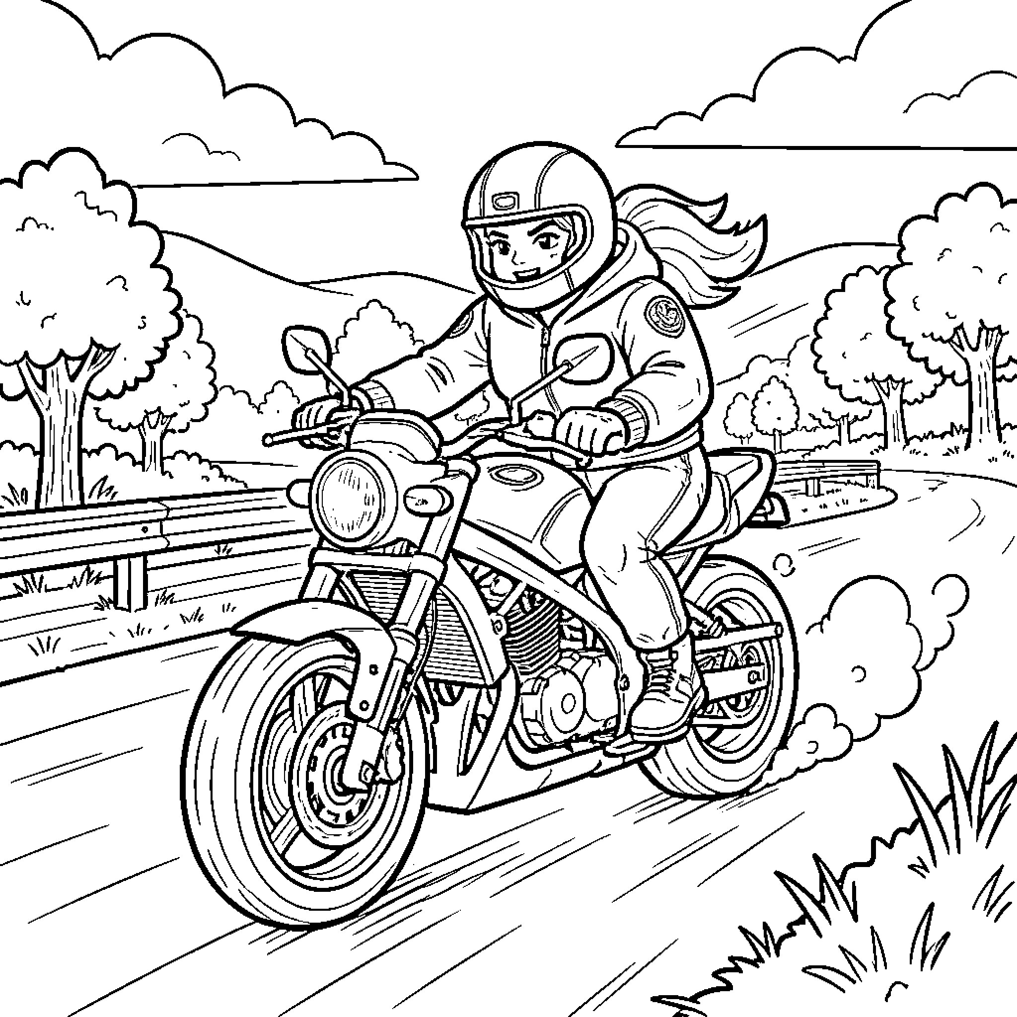Booba riding a motorcycle on a scenic road Coloring Page (free black-and-white line drawing printable PDF for all, from beginners to advanced learners, including children, teens, adults, and seniors)