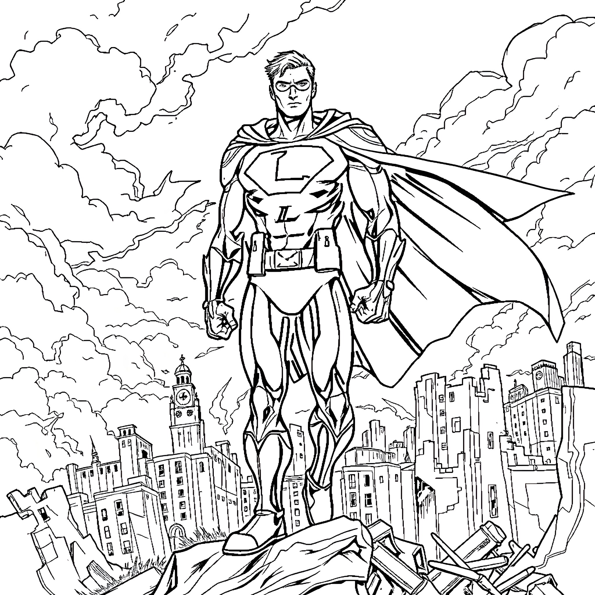 Superhero surveying the city from above Coloring Page (free black-and-white line drawing printable PDF for all, from beginners to advanced learners, including children, teens, adults, and seniors)