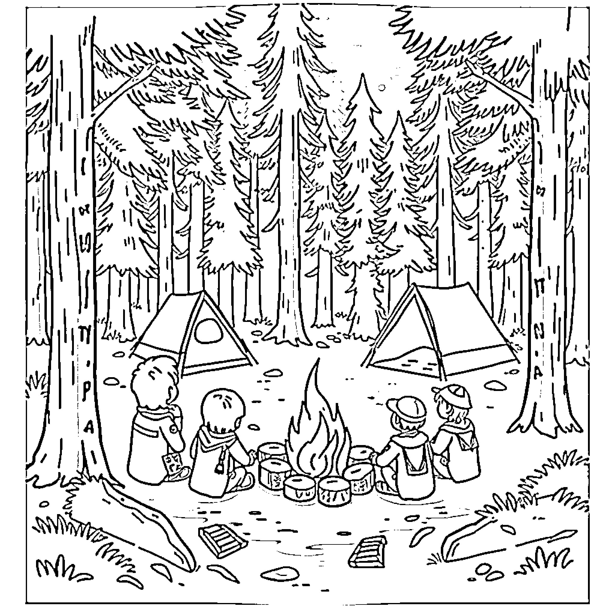 Cub Scouts enjoying an outdoor camping adventure Coloring Page (free black-and-white line drawing printable PDF for all, from beginners to advanced learners, including children, teens, adults, and seniors)