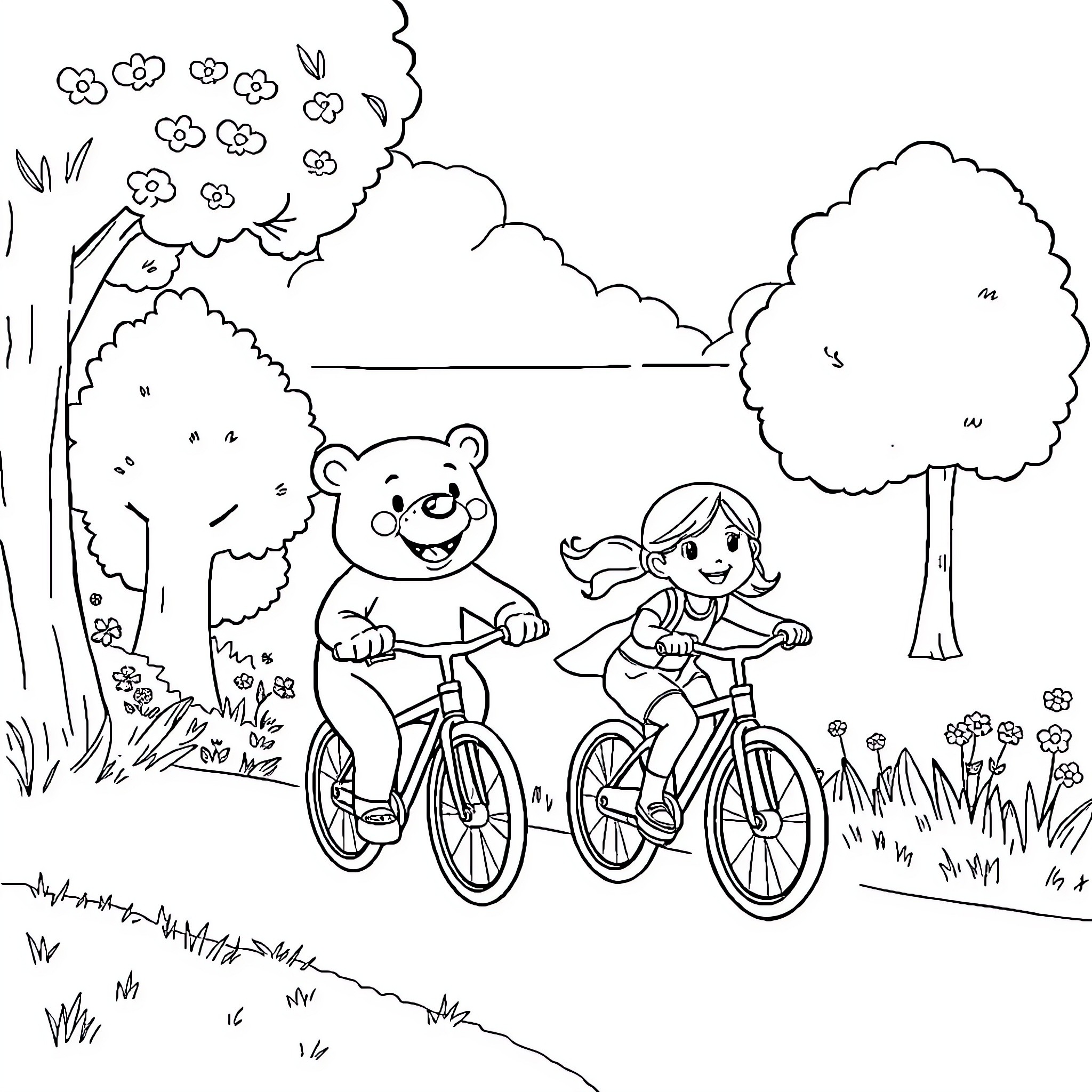 Brown Bear and girl ride bicycles in the park Coloring Page (free black-and-white line drawing printable PDF for all, from beginners to advanced learners, including children, teens, adults, and seniors)