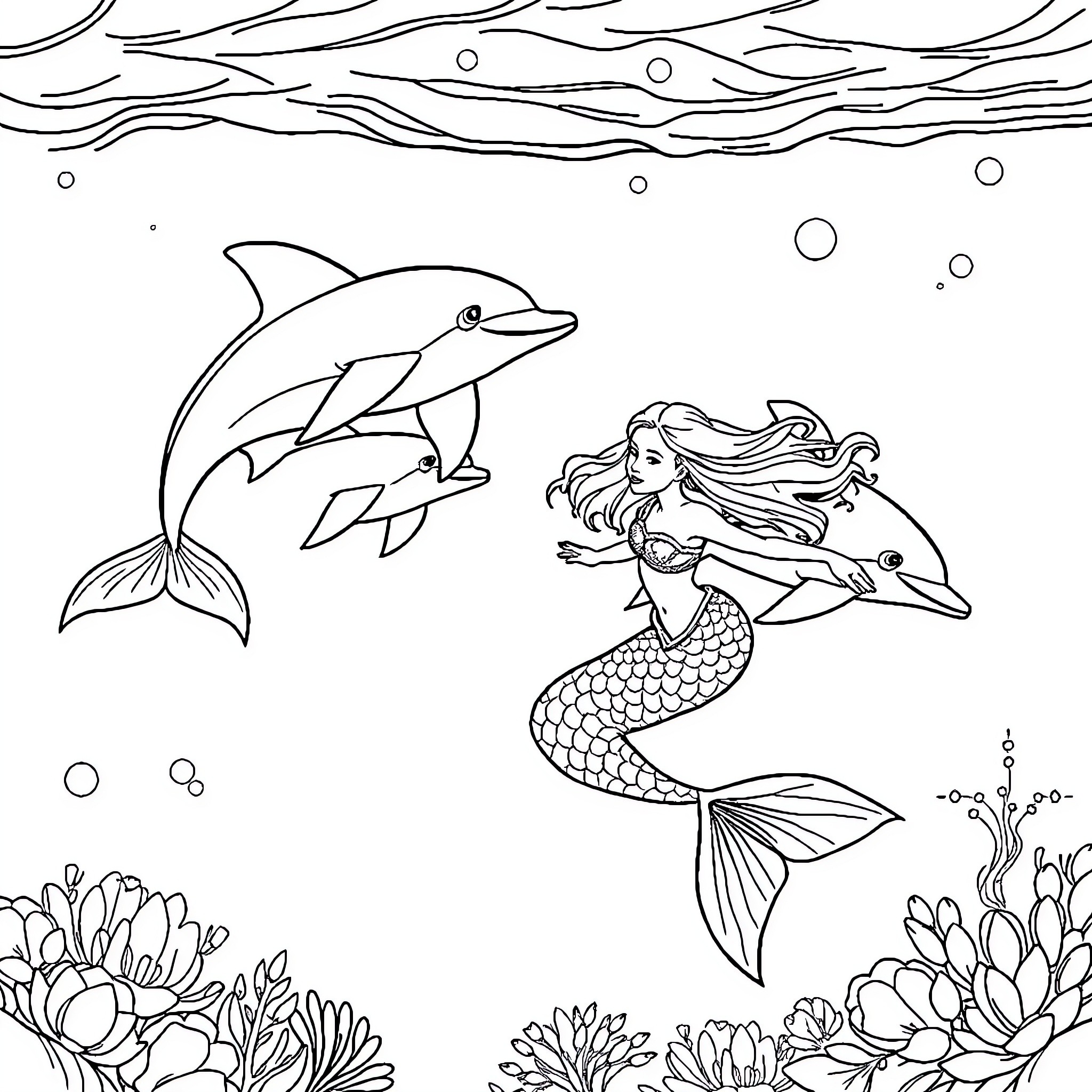 Mermaid swimming with dolphins in the ocean Coloring Page (free black-and-white line drawing printable PDF for all, from beginners to advanced learners, including children, teens, adults, and seniors)