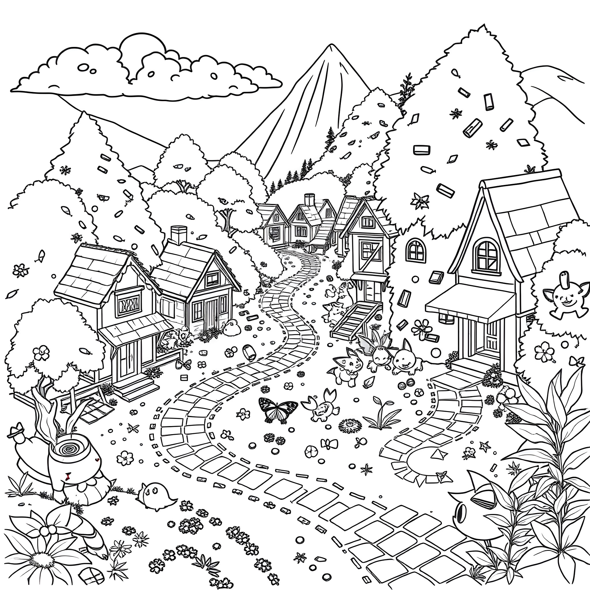 Pokémon characters exploring a charming village landscape Coloring Page (free black-and-white line drawing printable PDF for all, from beginners to advanced learners, including children, teens, adults, and seniors)