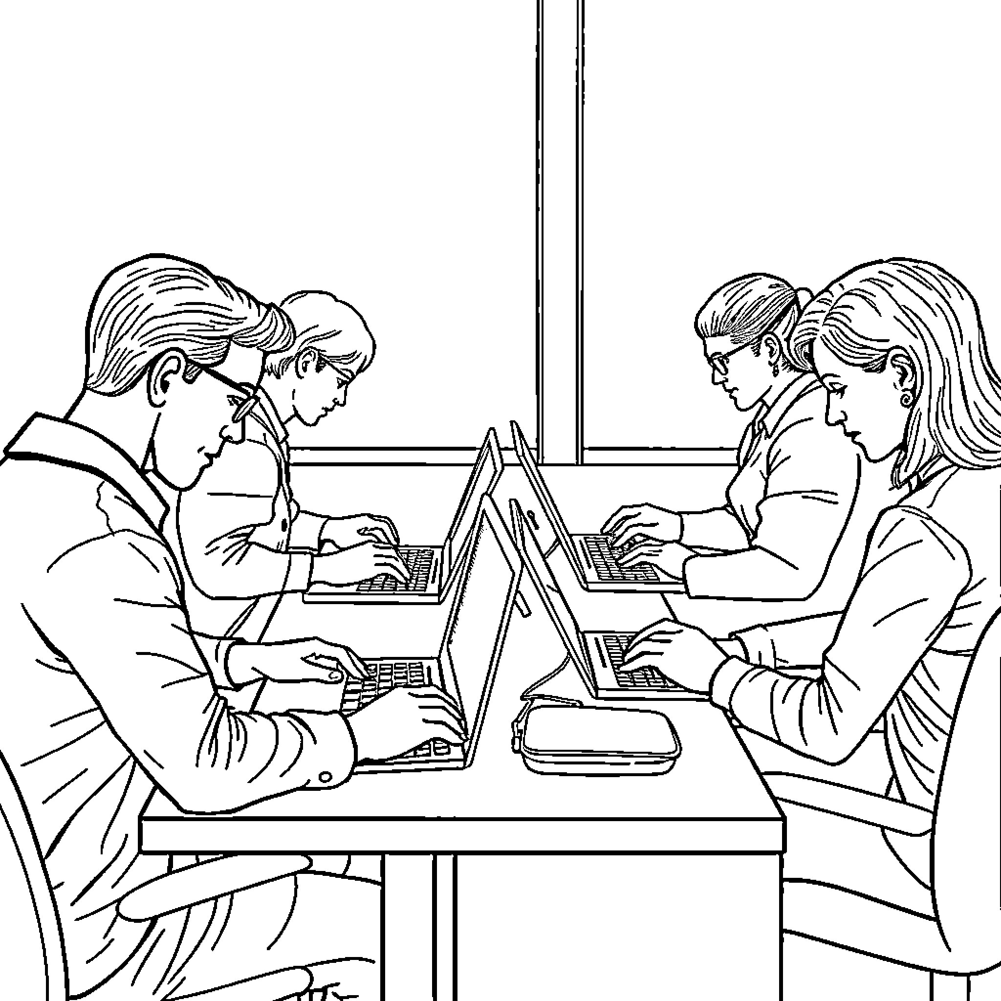 Person working diligently on computers in office Coloring Page (free black-and-white line drawing printable PDF for all, from beginners to advanced learners, including children, teens, adults, and seniors)