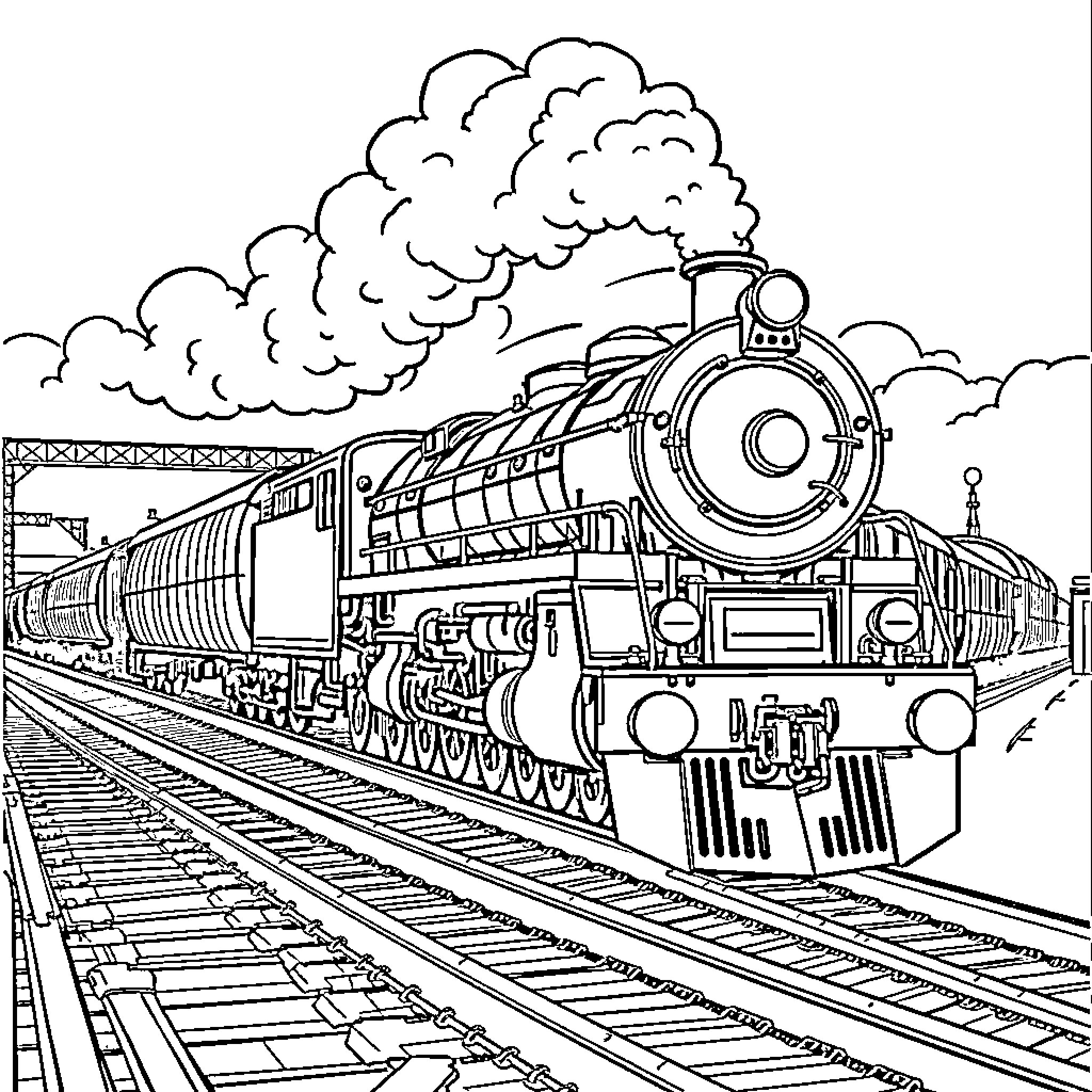 Locomotive Traveling Across Train Tracks Coloring Page (free black-and-white line drawing printable PDF for all, from beginners to advanced learners, including children, teens, adults, and seniors)