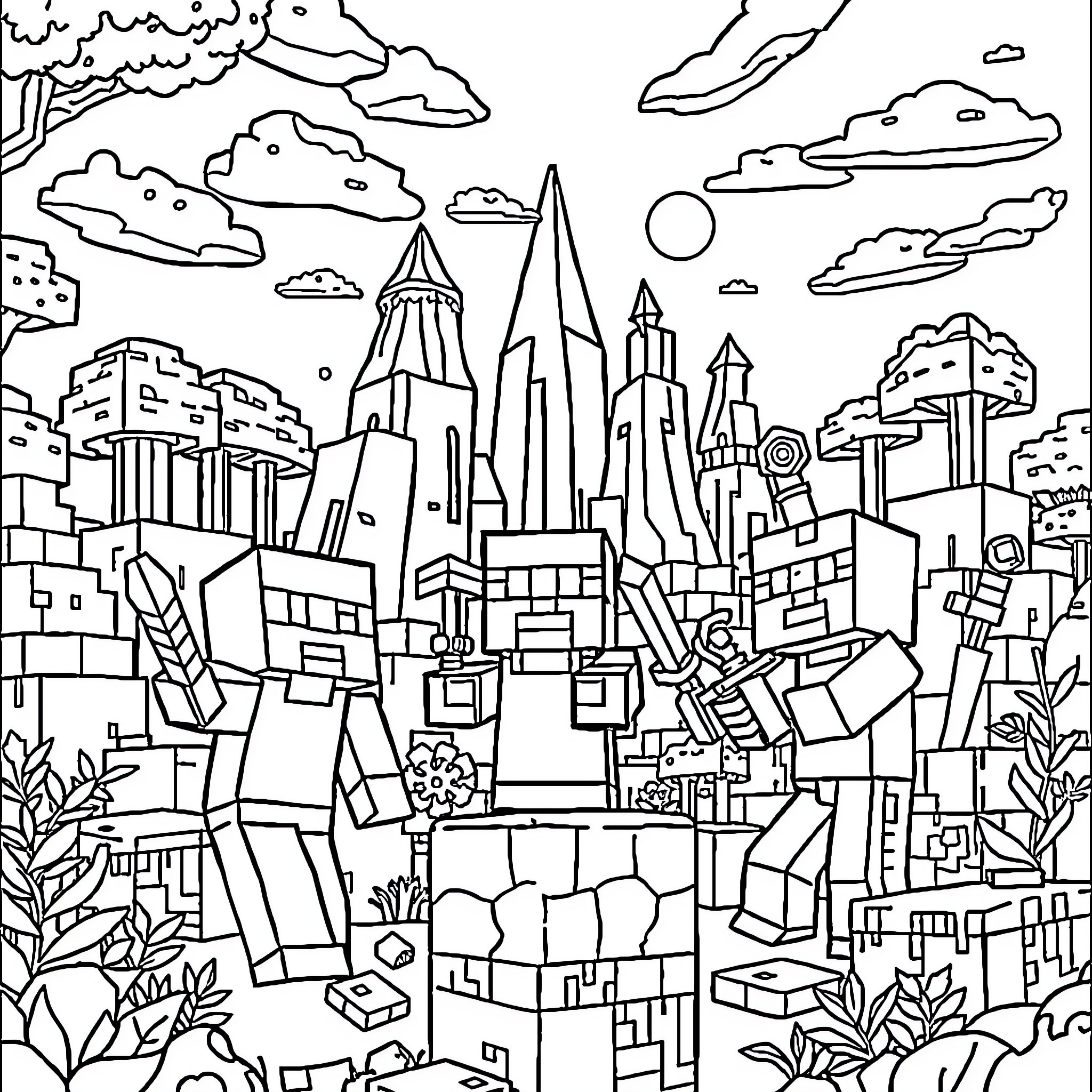 Minecraft cityscape with fantastical architecture Coloring Page (free black-and-white line drawing printable PDF for all, from beginners to advanced learners, including children, teens, adults, and seniors)