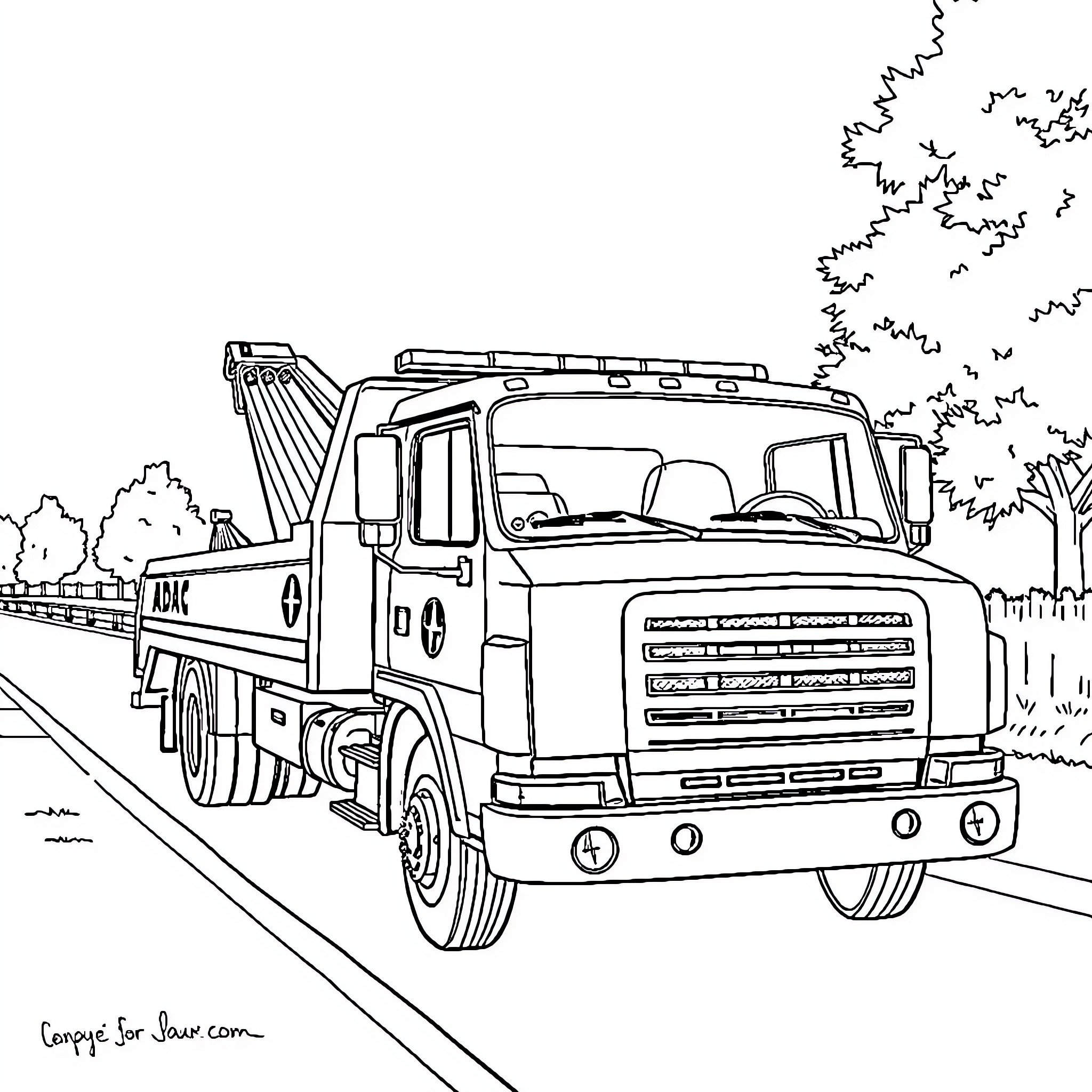 Tow Truck Hauling Heavy Load on the Road Coloring Page (free black-and-white line drawing printable PDF for all, from beginners to advanced learners, including children, teens, adults, and seniors)