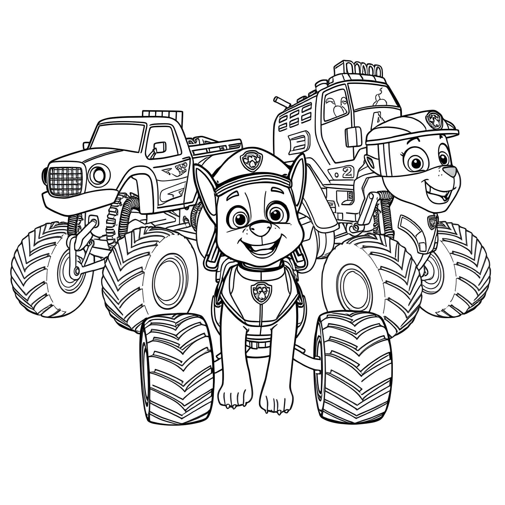 Vehicle characters in an action-packed scene Coloring Page (free black-and-white line drawing printable PDF for all, from beginners to advanced learners, including children, teens, adults, and seniors)