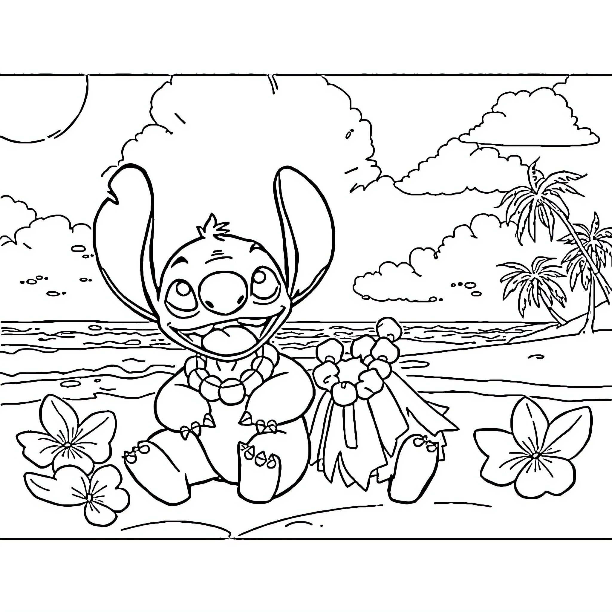 Lilo And Stitch Beach Adventure Coloring Page (free black-and-white line drawing printable PDF for all, from beginners to advanced learners, including children, teens, adults, and seniors)