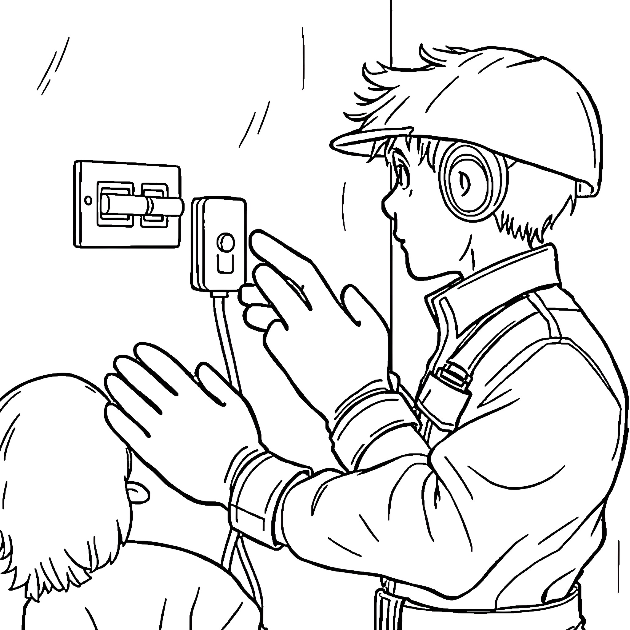 Child repairing electrical outlet Coloring Page (free black-and-white line drawing printable PDF for all, from beginners to advanced learners, including children, teens, adults, and seniors)