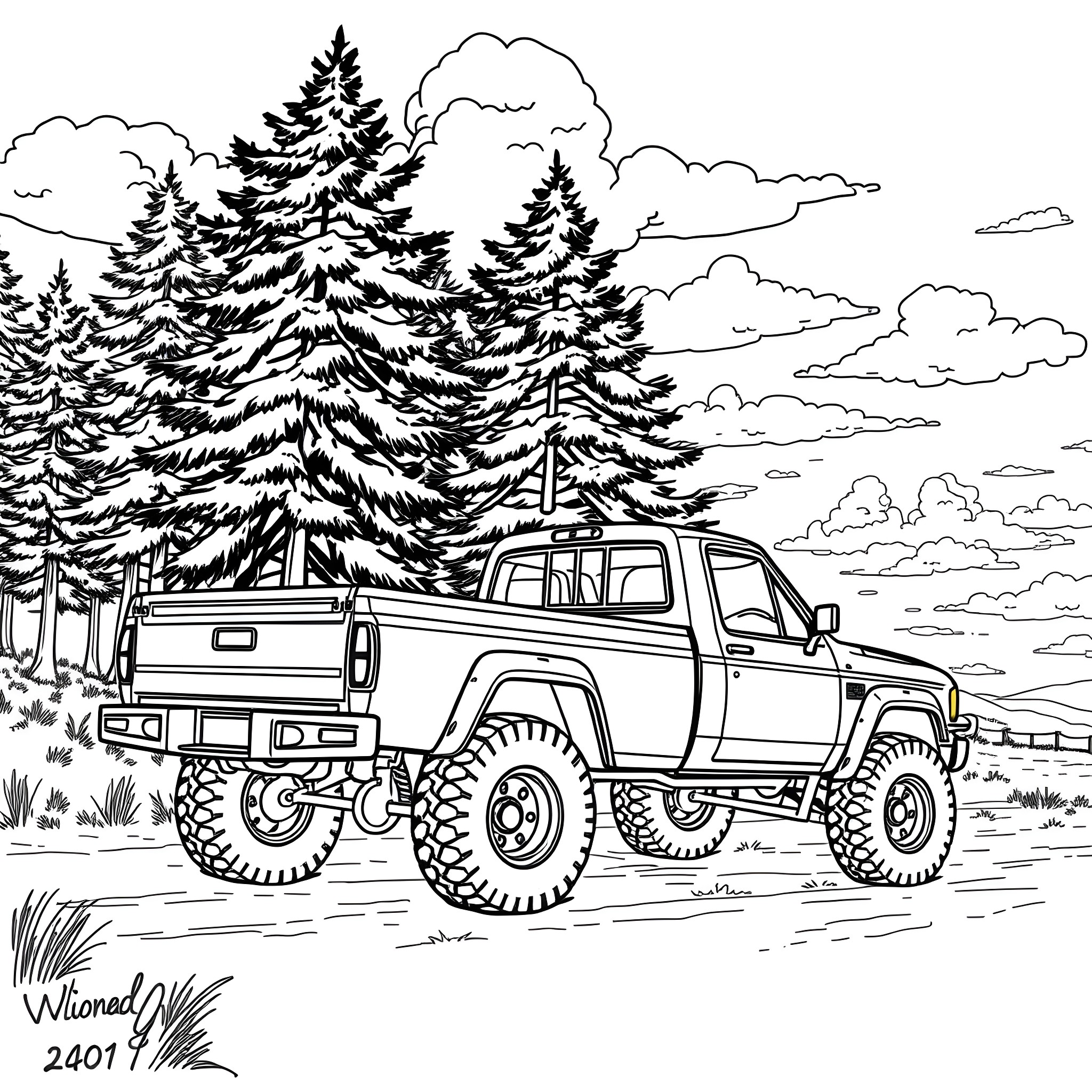 Pick Up Truck Traversing Rugged Wilderness Landscape Coloring Page (free black-and-white line drawing printable PDF for all, from beginners to advanced learners, including children, teens, adults, and seniors)