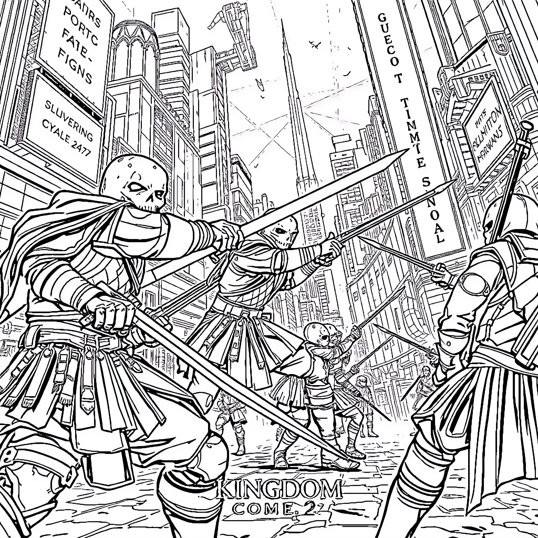 Cyberpunk Dystopian Clash in a Futuristic City Coloring Page (free black-and-white line drawing printable PDF for all, from beginners to advanced learners, including children, teens, adults, and seniors)