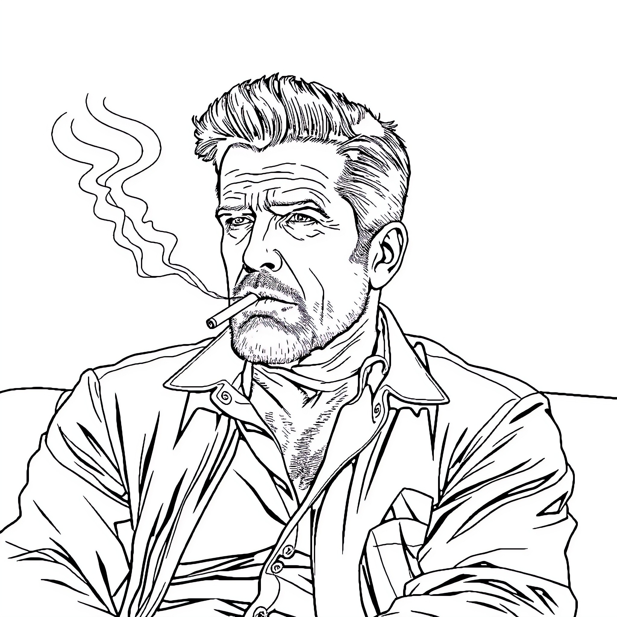 Mel Gibson as a rugged, brooding character with a cigarette Coloring Page (free black-and-white line drawing printable PDF for all, from beginners to advanced learners, including children, teens, adults, and seniors)