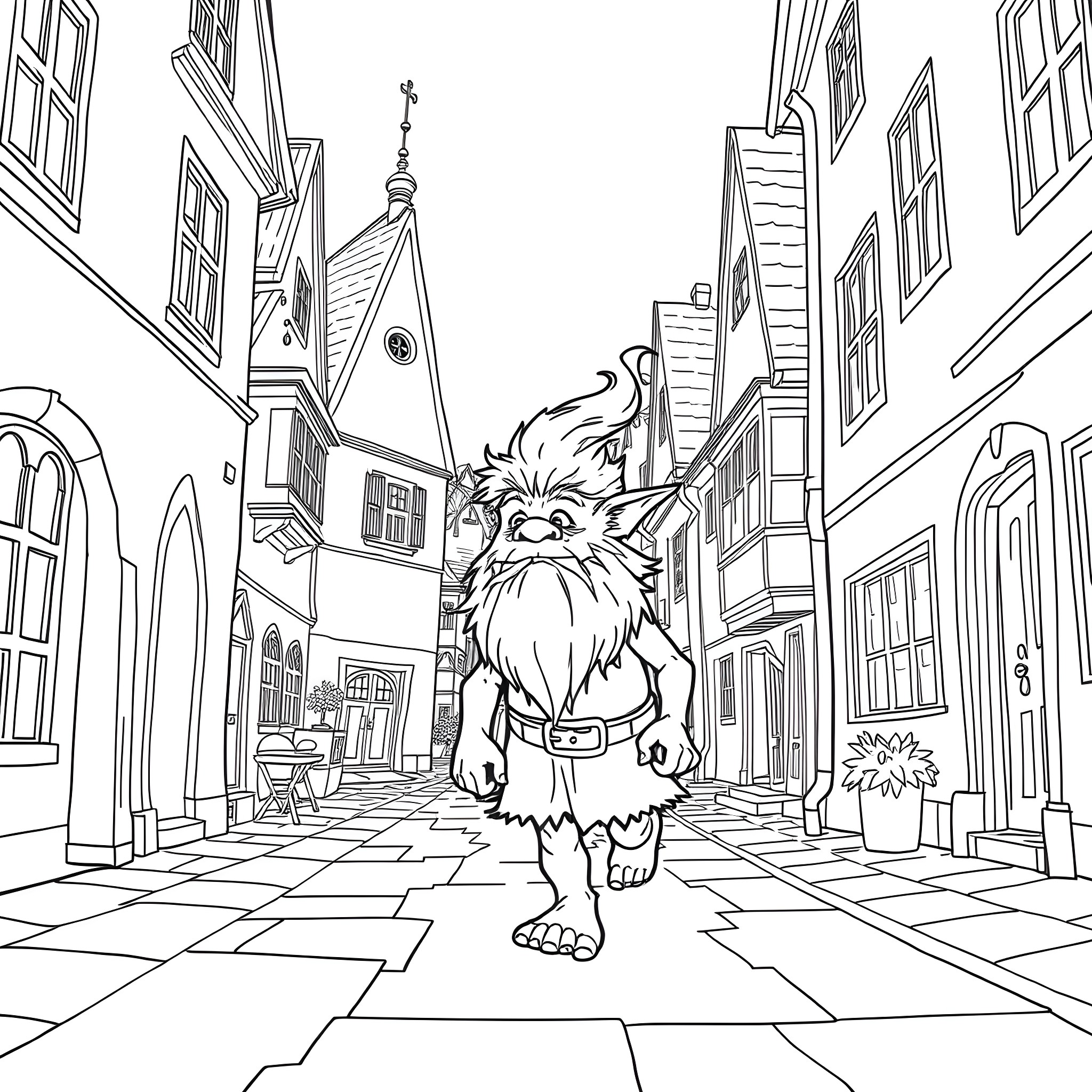 Troll roaming the enchanting city streets Coloring Page (free black-and-white line drawing printable PDF for all, from beginners to advanced learners, including children, teens, adults, and seniors)