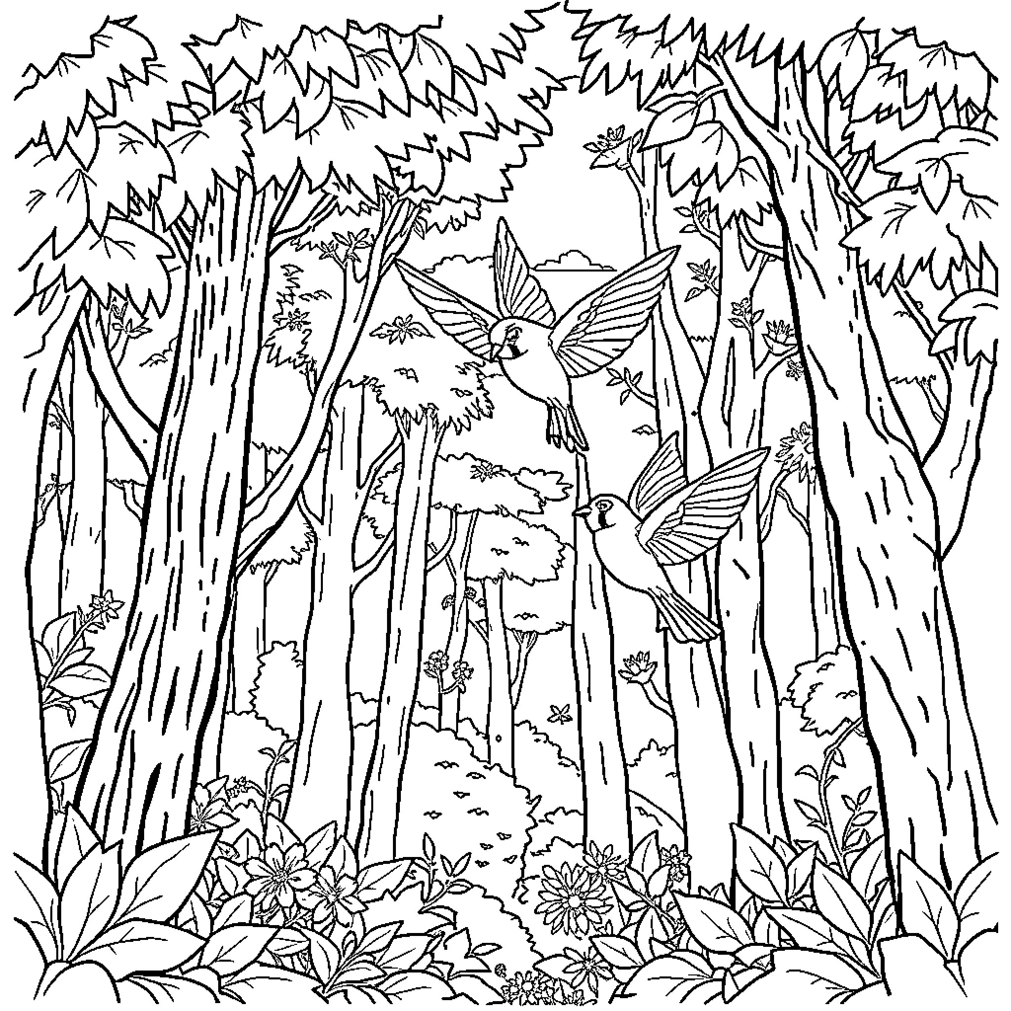 Hada Forest Sanctuary with Hummingbirds Coloring Page (free black-and-white line drawing printable PDF for all, from beginners to advanced learners, including children, teens, adults, and seniors)