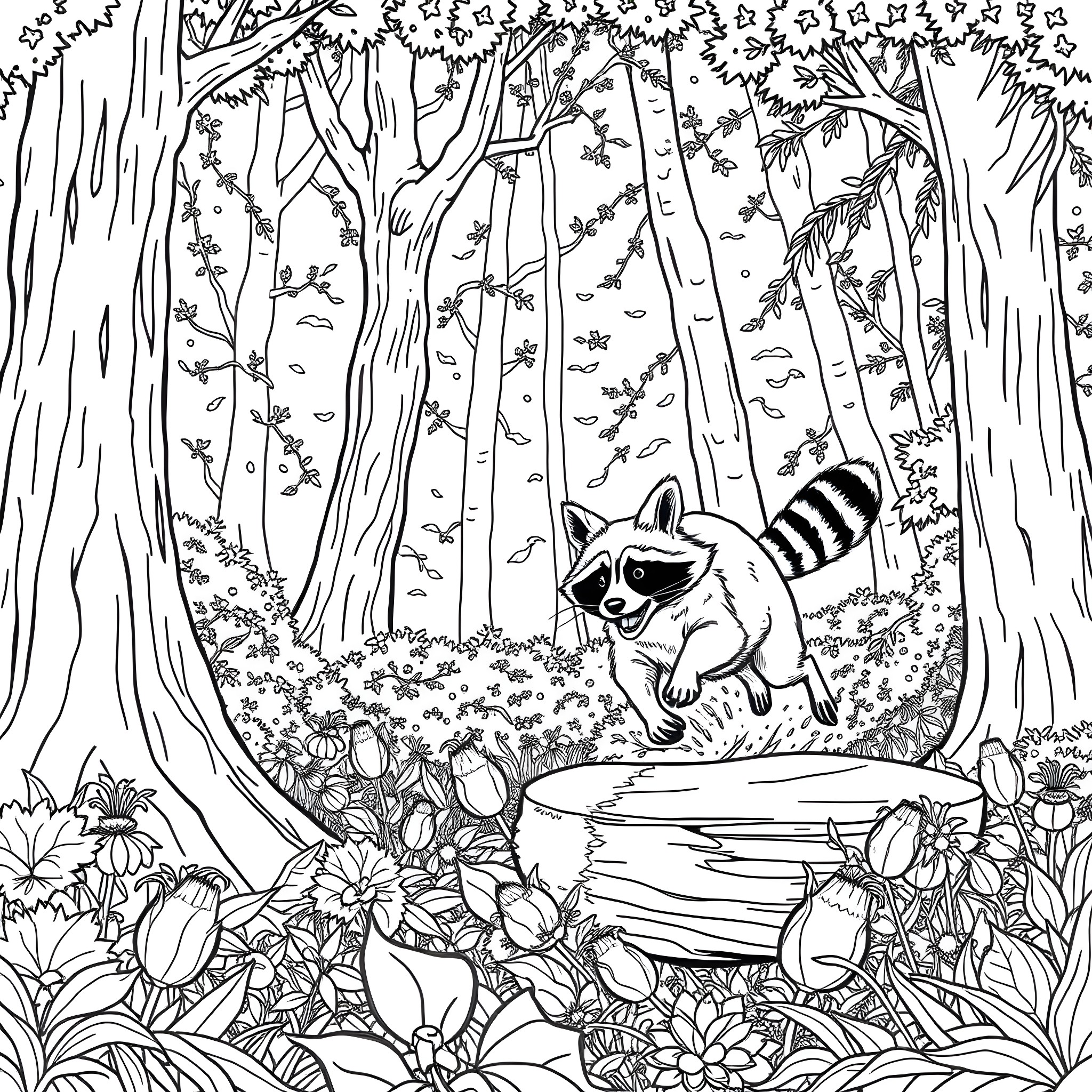 Raccoon exploring the enchanted forest Coloring Page (free black-and-white line drawing printable PDF for all, from beginners to advanced learners, including children, teens, adults, and seniors)