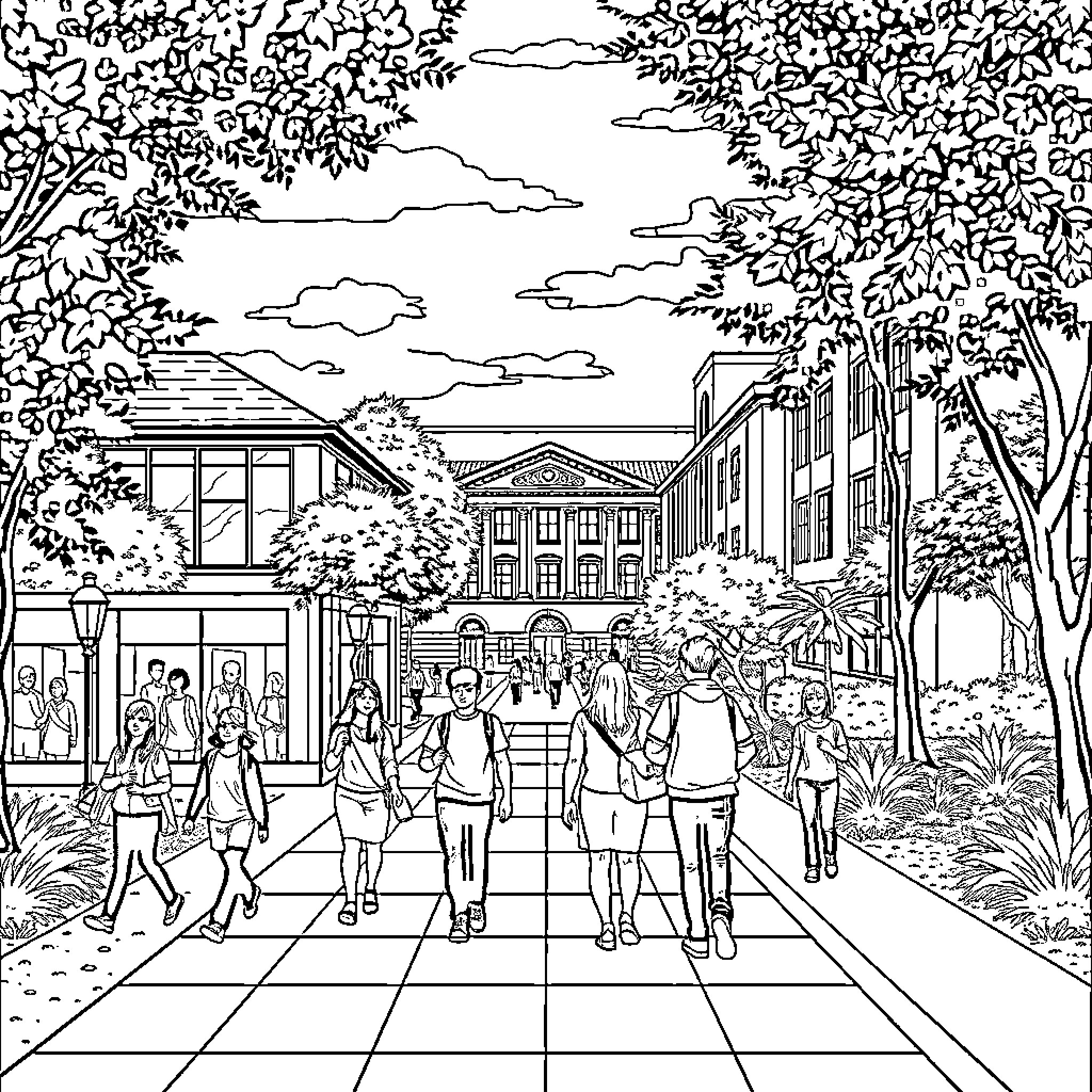 Lego Figures Exploring Outdoor Campus Scenery Coloring Page (free black-and-white line drawing printable PDF for all, from beginners to advanced learners, including children, teens, adults, and seniors)