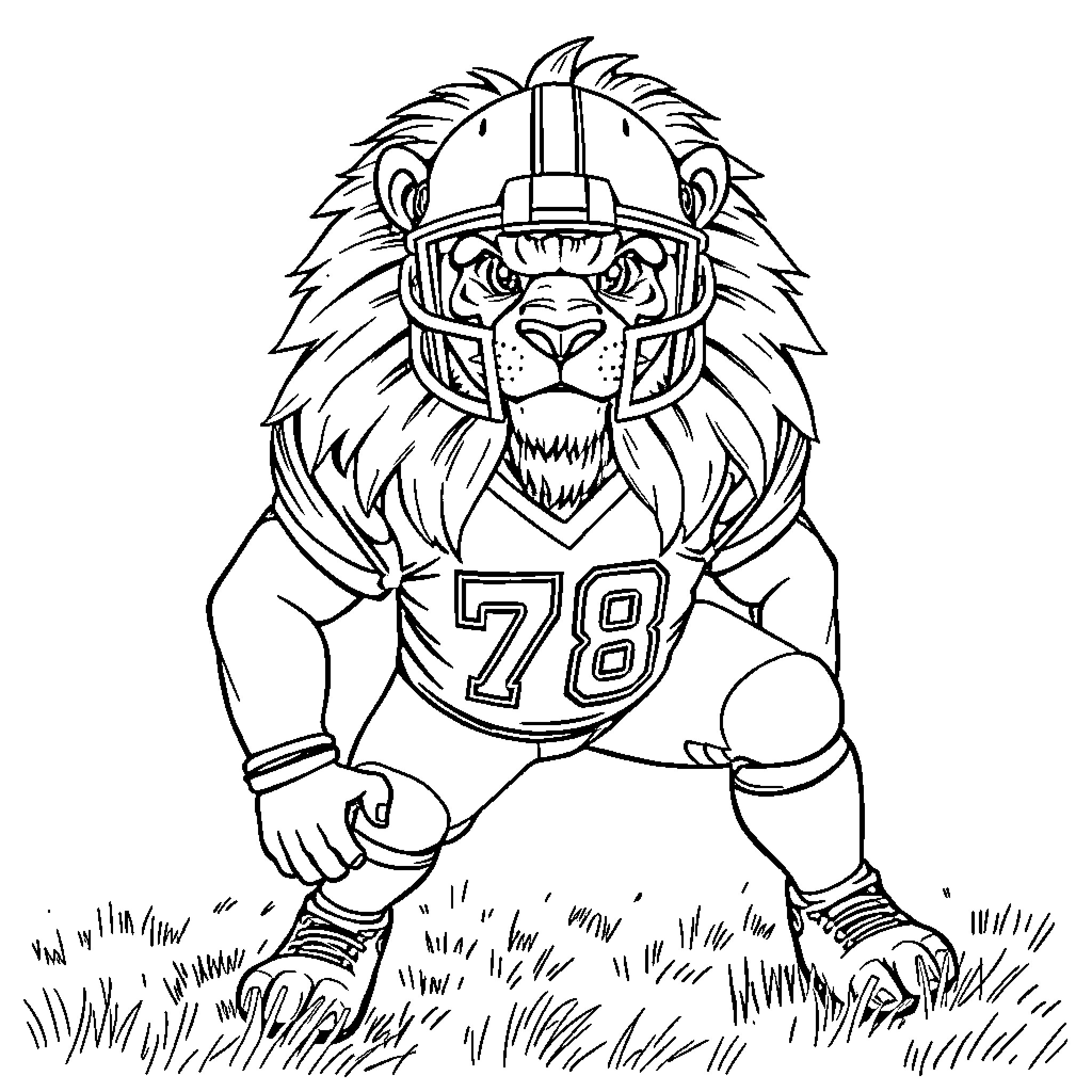 Lion football player in uniform on the field Coloring Page (free black-and-white line drawing printable PDF for all, from beginners to advanced learners, including children, teens, adults, and seniors)