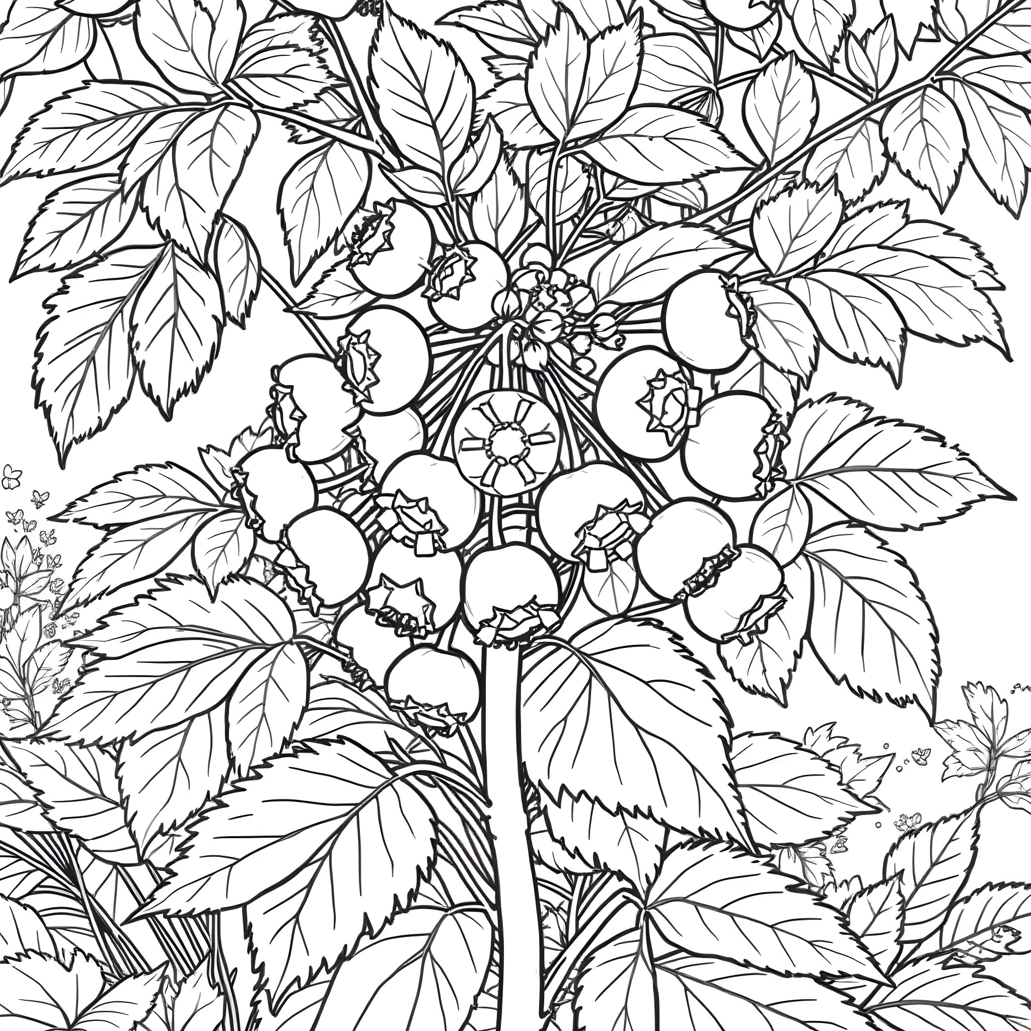 Cloudberry plant with detailed foliage and flowers Coloring Page (free black-and-white line drawing printable PDF for all, from beginners to advanced learners, including children, teens, adults, and seniors)
