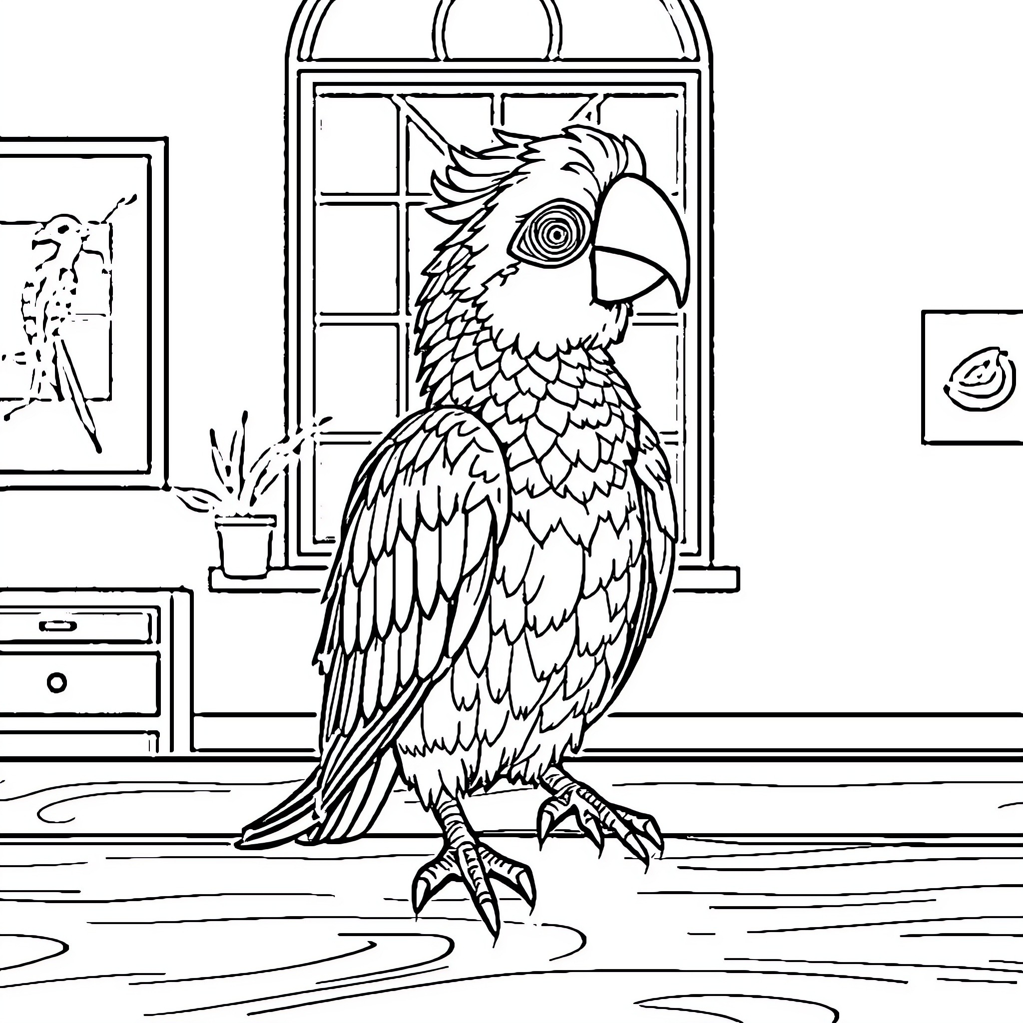 Lababu the Parrot's Colorful Captivation Coloring Page (free black-and-white line drawing printable PDF for all, from beginners to advanced learners, including children, teens, adults, and seniors)