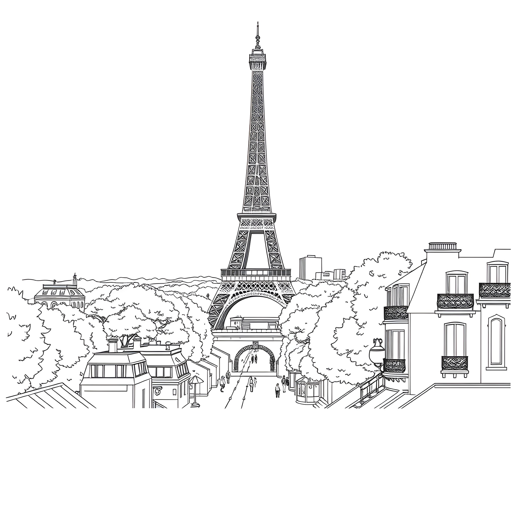 Eiffel Tower overlooking the Parisian cityscape Coloring Page (free black-and-white line drawing printable PDF for all, from beginners to advanced learners, including children, teens, adults, and seniors)