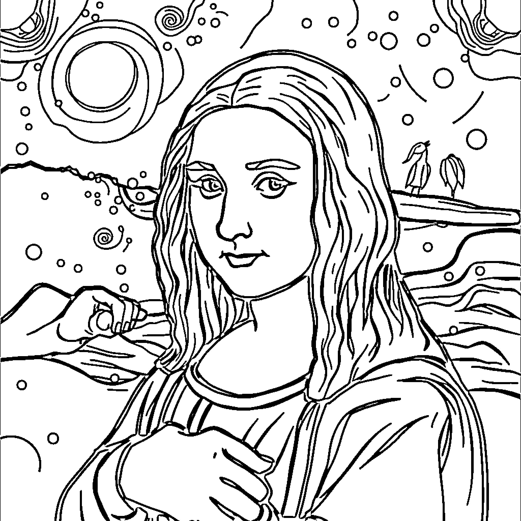 Art of a thoughtful woman in a dreamy landscape Coloring Page (free black-and-white line drawing printable PDF for all, from beginners to advanced learners, including children, teens, adults, and seniors)
