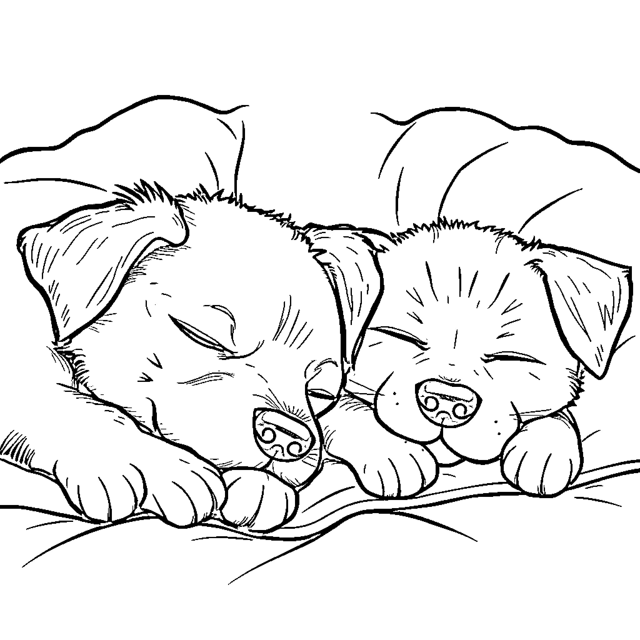 Dog siblings cuddling and napping peacefully Coloring Page (free black-and-white line drawing printable PDF for all, from beginners to advanced learners, including children, teens, adults, and seniors)