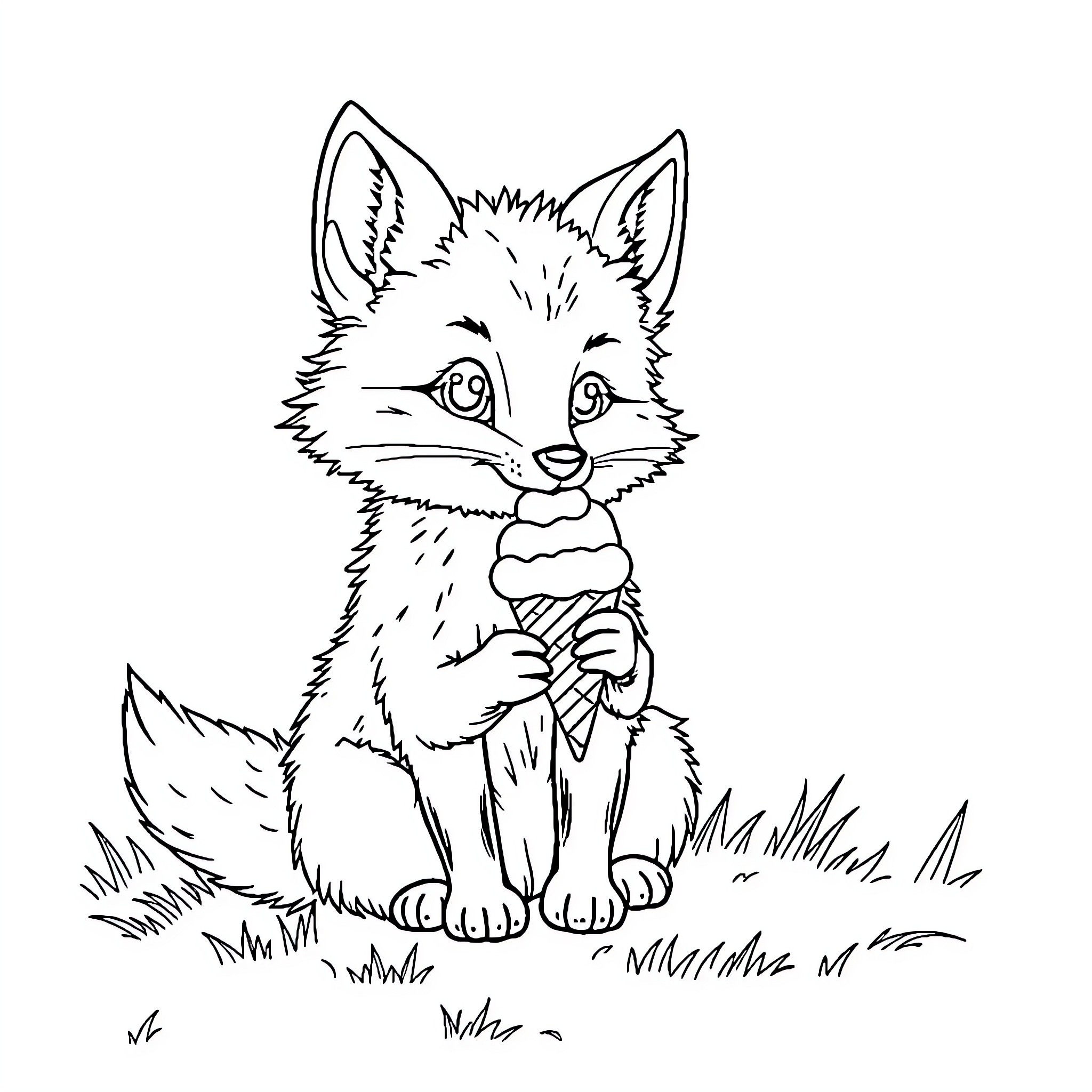 Fox enjoying a sweet treat in the meadow Coloring Page (free black-and-white line drawing printable PDF for all, from beginners to advanced learners, including children, teens, adults, and seniors)