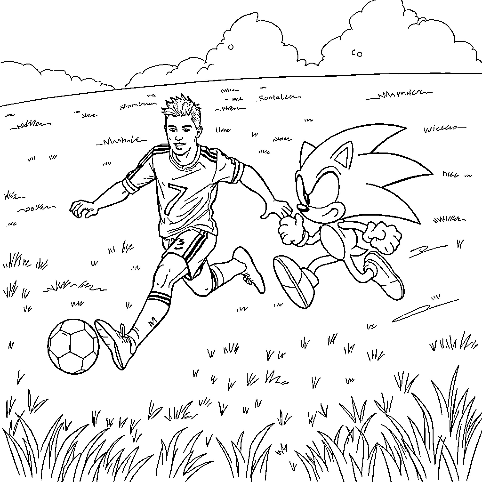 Cristiano Ronaldo playing soccer alongside Sonic the Hedgehog Coloring Page (free black-and-white line drawing printable PDF for all, from beginners to advanced learners, including children, teens, adults, and seniors)