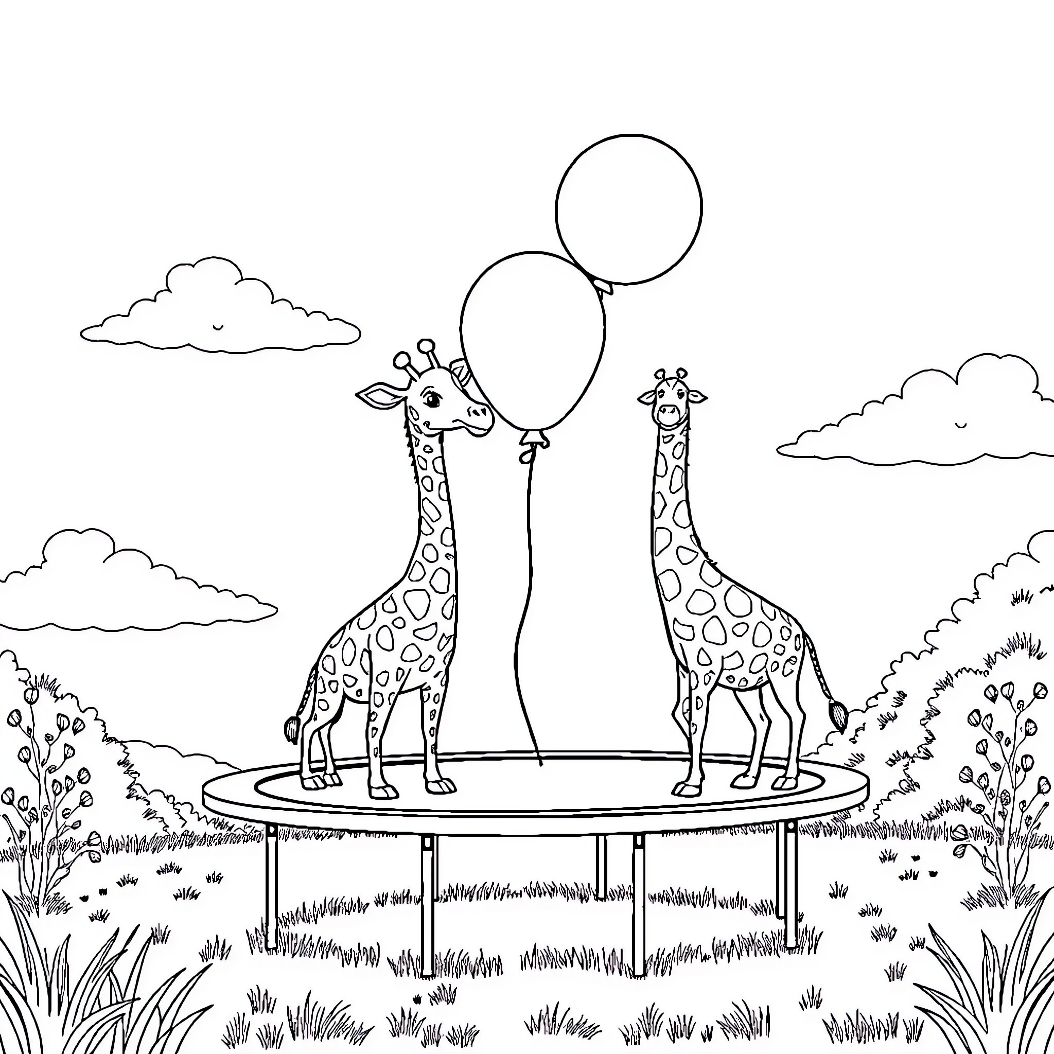 Giraffe duo playing with balloons in the park Coloring Page (free black-and-white line drawing printable PDF for all, from beginners to advanced learners, including children, teens, adults, and seniors)