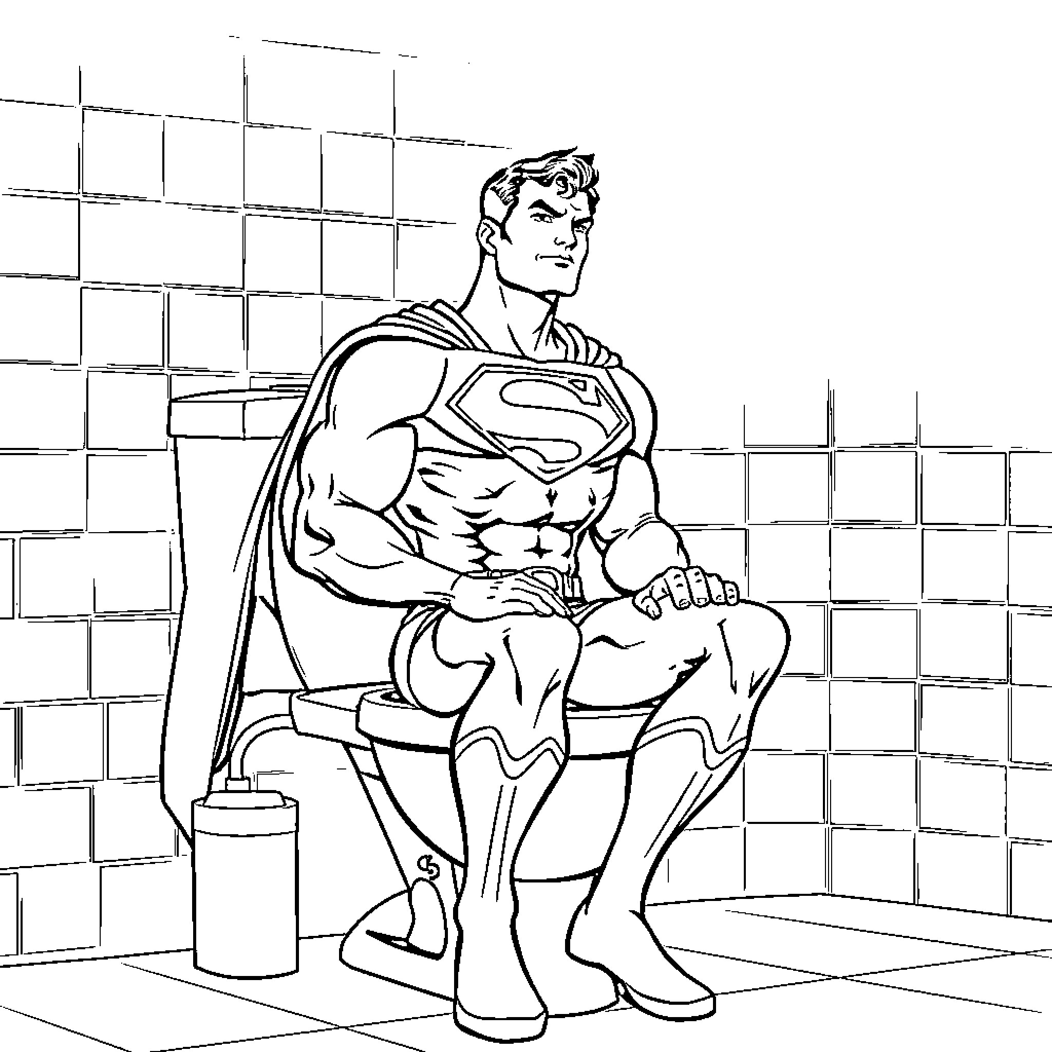 Superman in heroic pose against brick wall Coloring Page (free black-and-white line drawing printable PDF for all, from beginners to advanced learners, including children, teens, adults, and seniors)