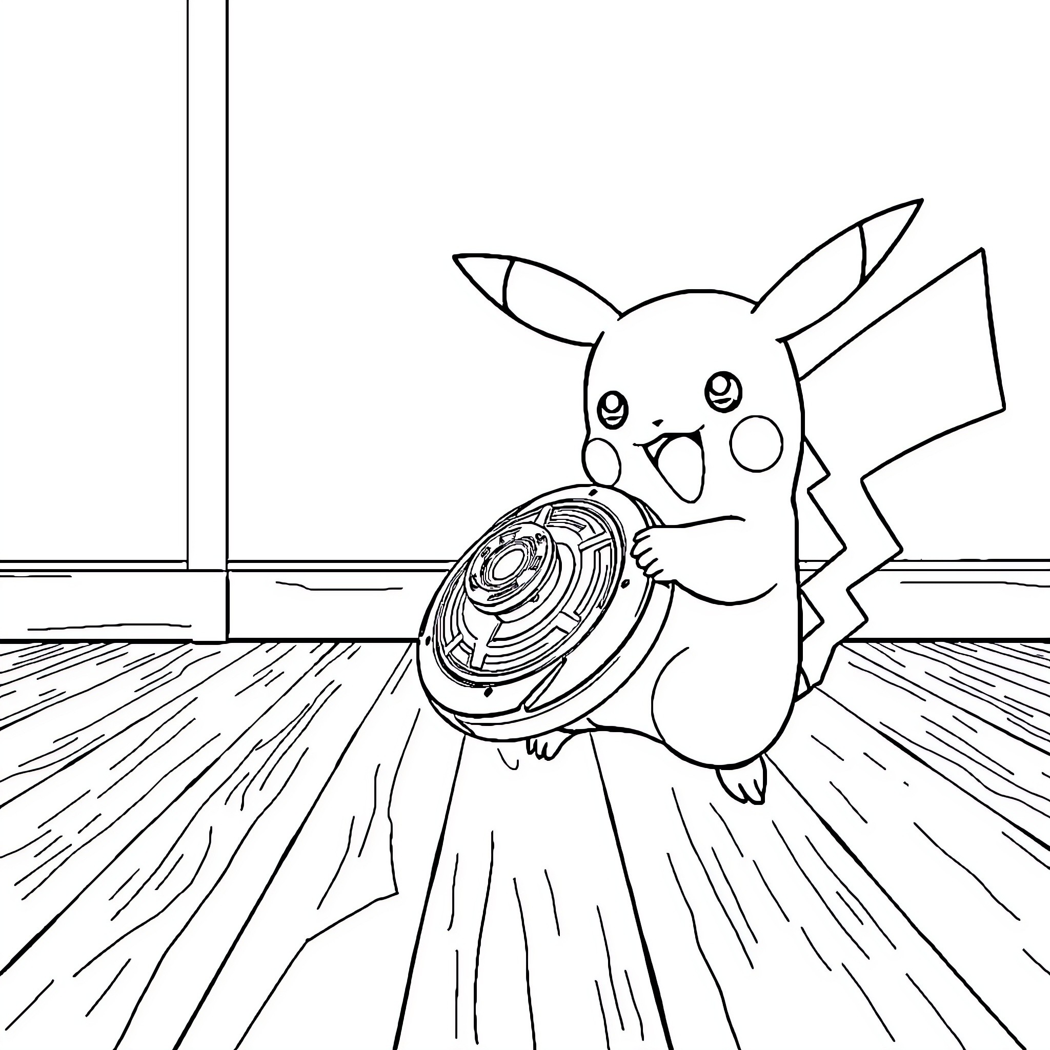Pikachu playing with a pokeball Coloring Page (free black-and-white line drawing printable PDF for all, from beginners to advanced learners, including children, teens, adults, and seniors)