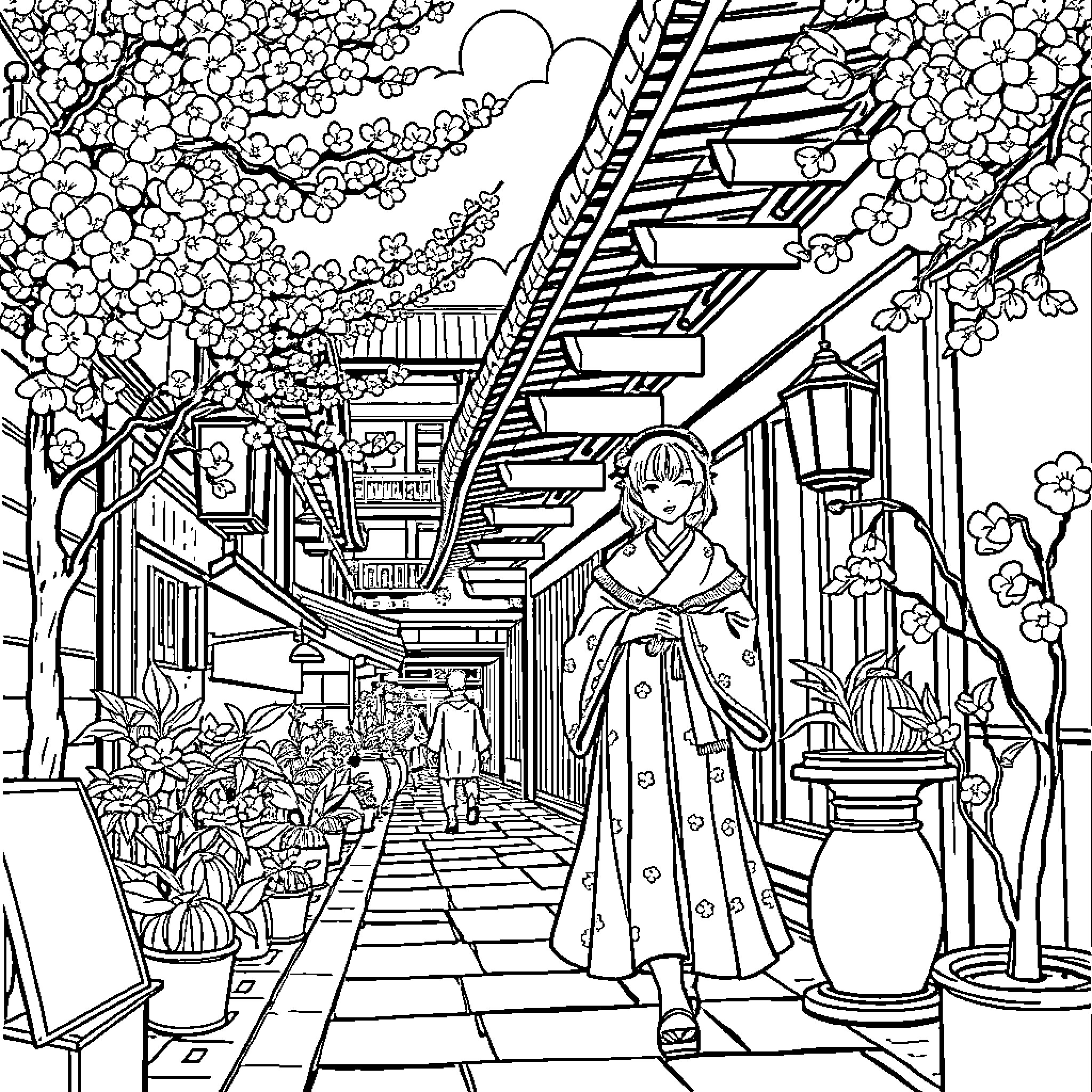 Japanese Woman Exploring Vibrant Traditional Street Scene Coloring Page (free black-and-white line drawing printable PDF for all, from beginners to advanced learners, including children, teens, adults, and seniors)