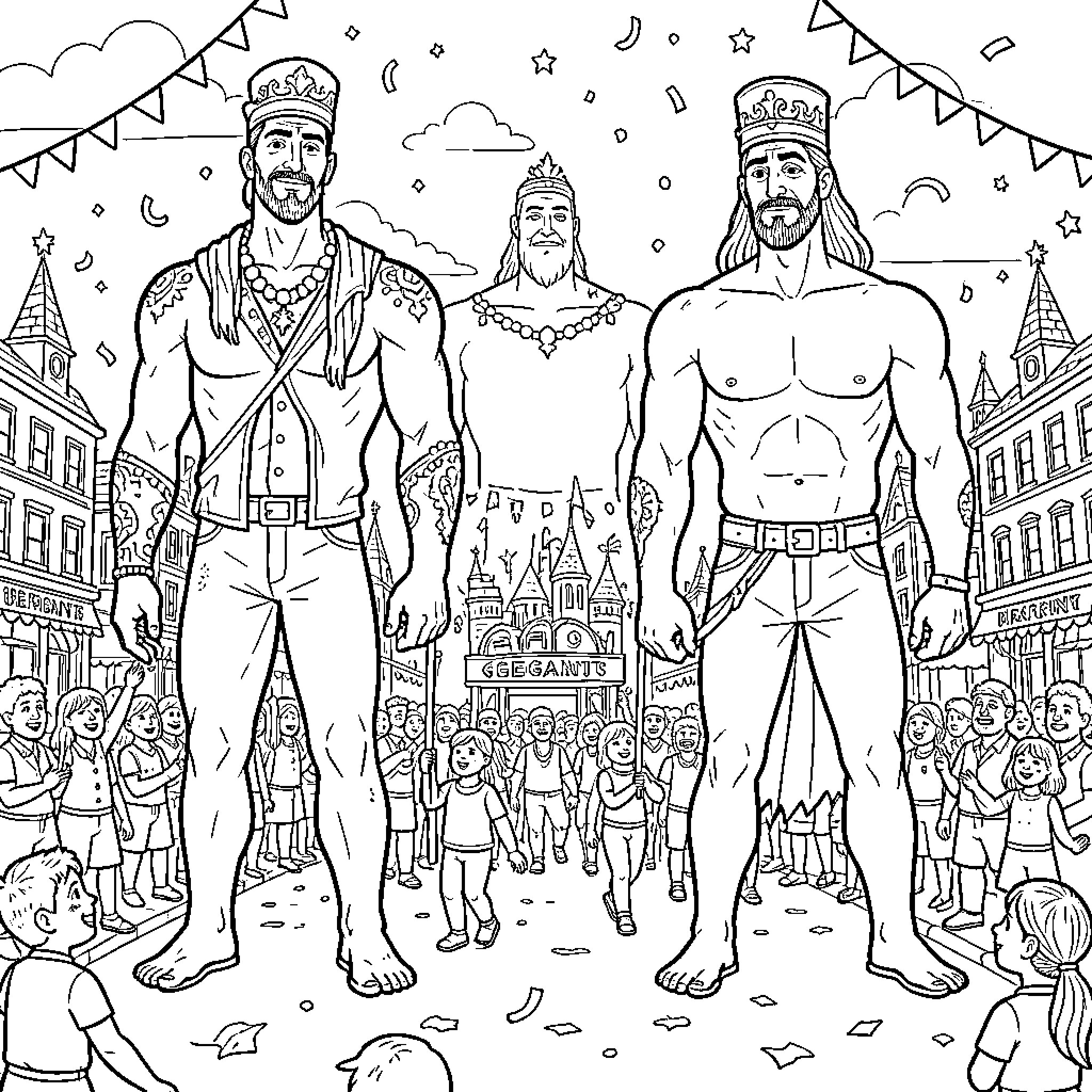 Giant men standing tall amidst a festive crowd Coloring Page (free black-and-white line drawing printable PDF for all, from beginners to advanced learners, including children, teens, adults, and seniors)