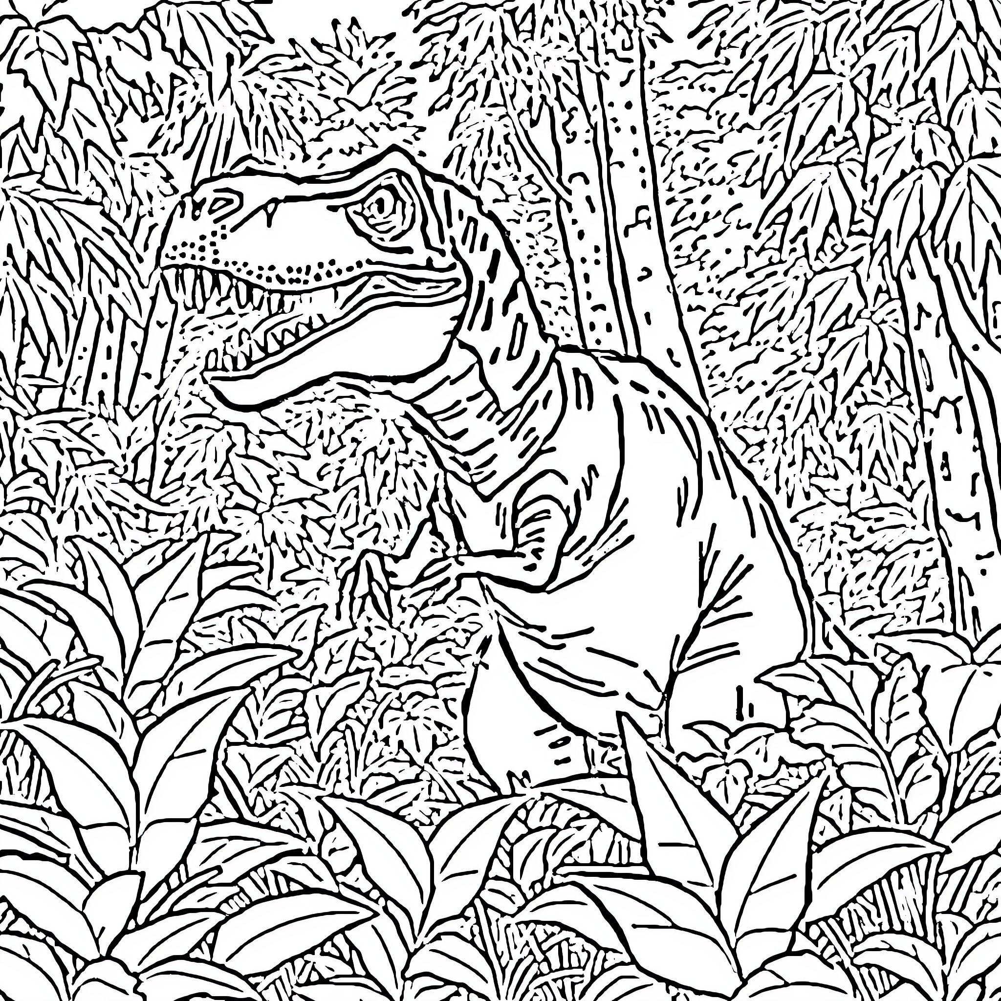 Dinosaur roaming through lush jungle foliage Coloring Page (free black-and-white line drawing printable PDF for all, from beginners to advanced learners, including children, teens, adults, and seniors)
