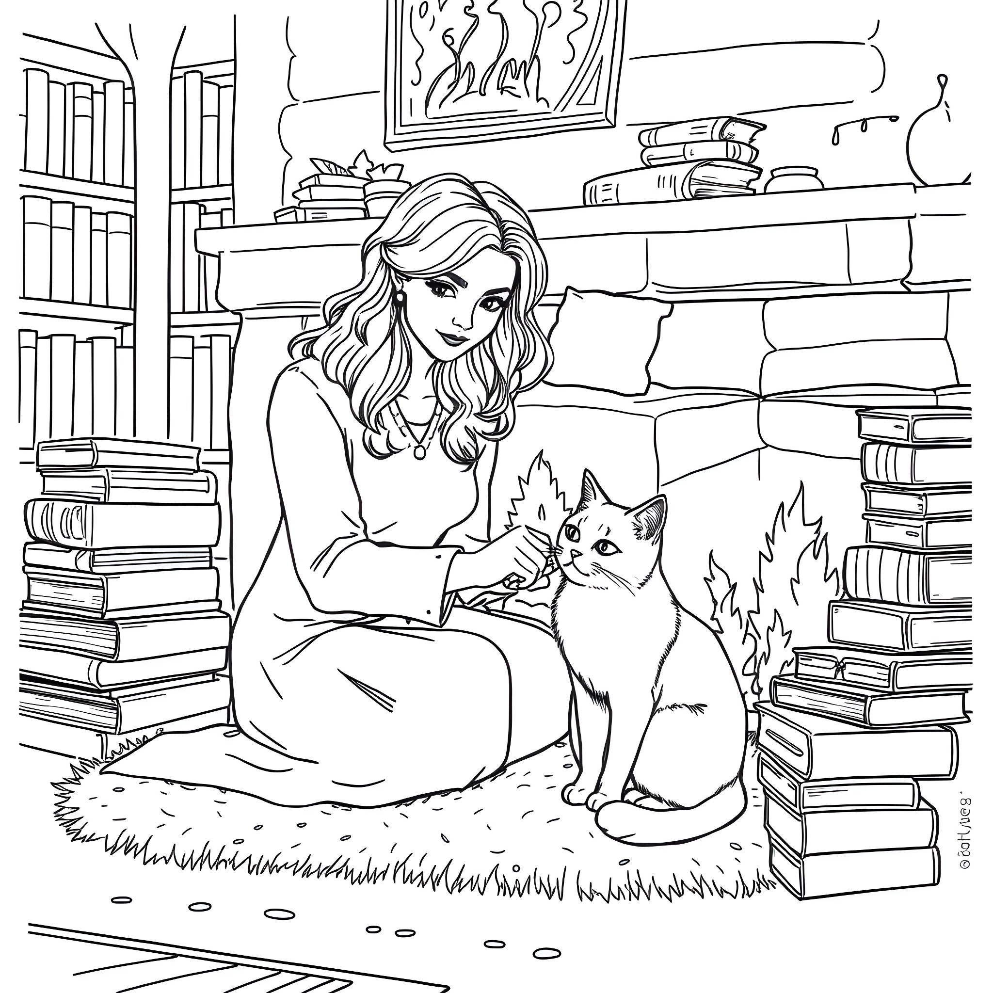 Hermione Granger relaxing with her pet cat in the library Coloring Page (free black-and-white line drawing printable PDF for all, from beginners to advanced learners, including children, teens, adults, and seniors)