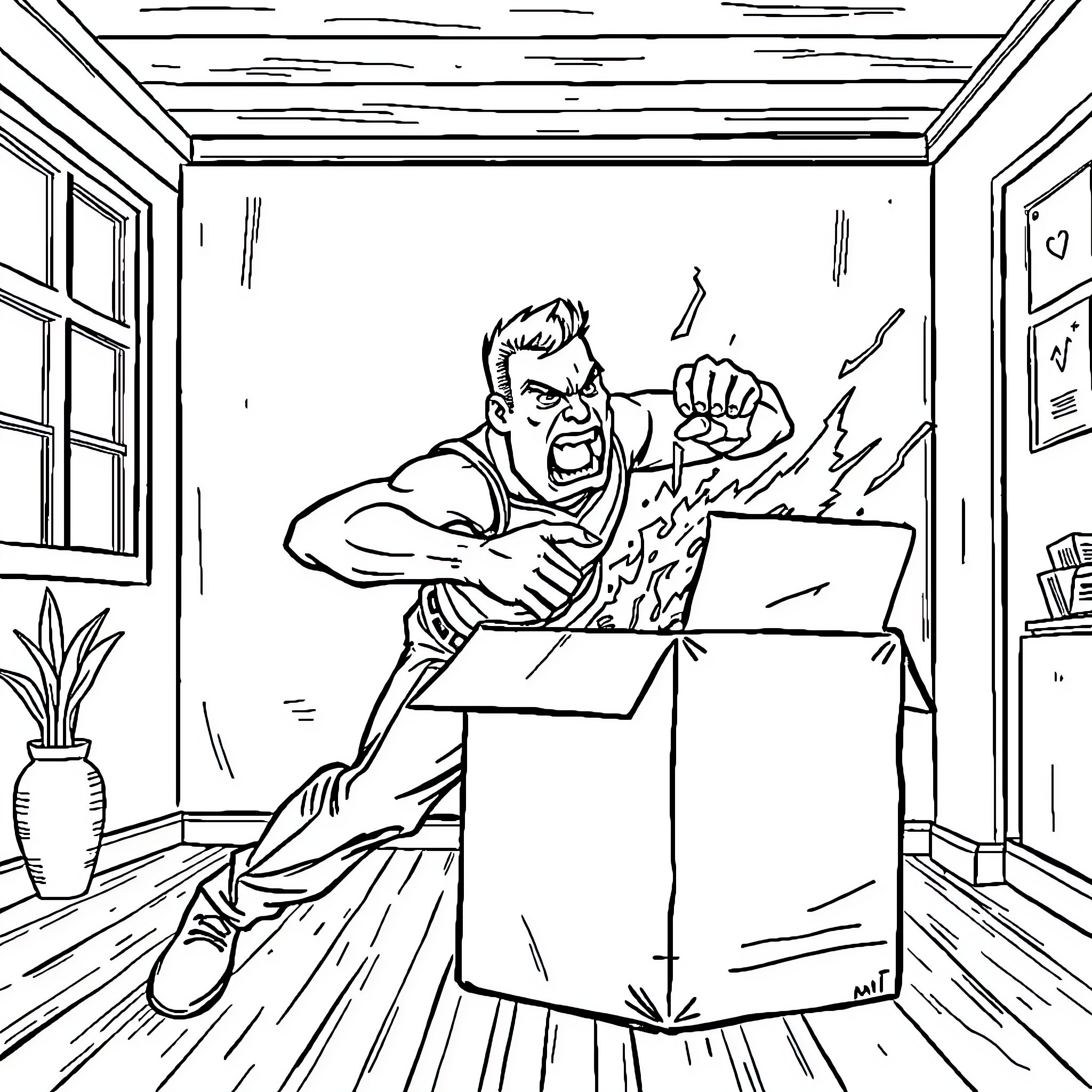 Man angrily punching a box in a room Coloring Page (free black-and-white line drawing printable PDF for all, from beginners to advanced learners, including children, teens, adults, and seniors)