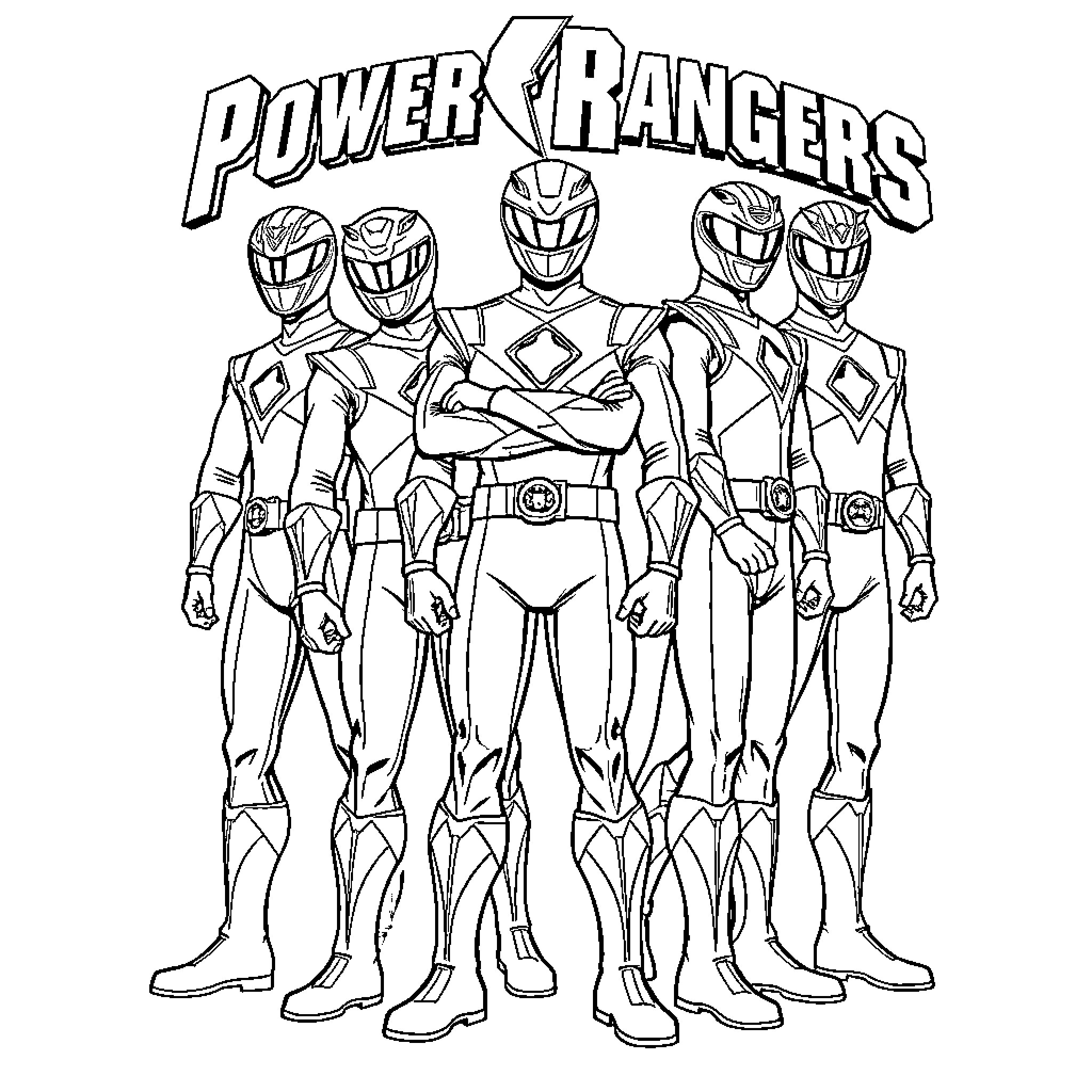 Power Rangers Team Assembled with Iconic Uniforms Coloring Page (free black-and-white line drawing printable PDF for all, from beginners to advanced learners, including children, teens, adults, and seniors)