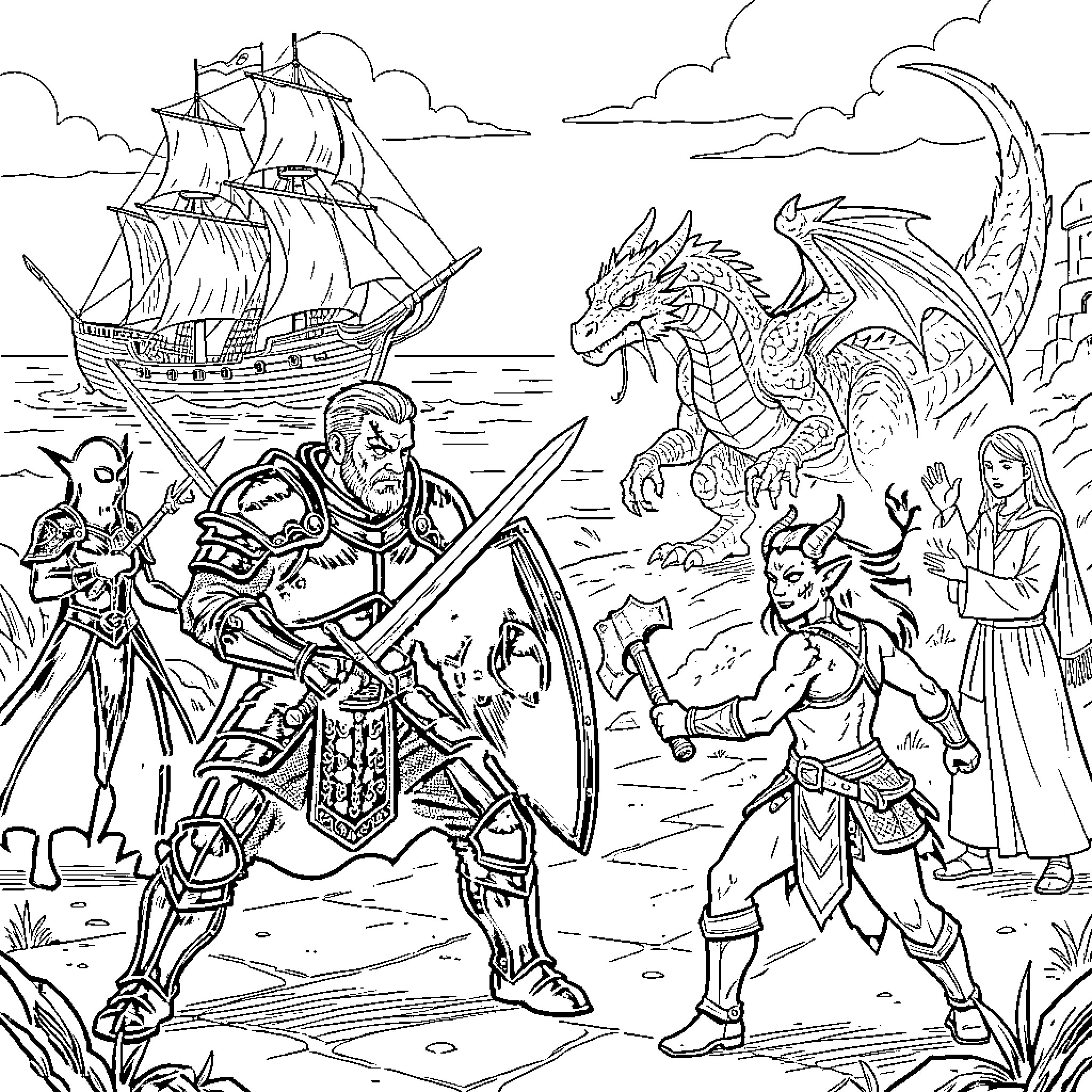 Adventurer explores fantastical world with warriors and mythical creatures Coloring Page (free black-and-white line drawing printable PDF for all, from beginners to advanced learners, including children, teens, adults, and seniors)