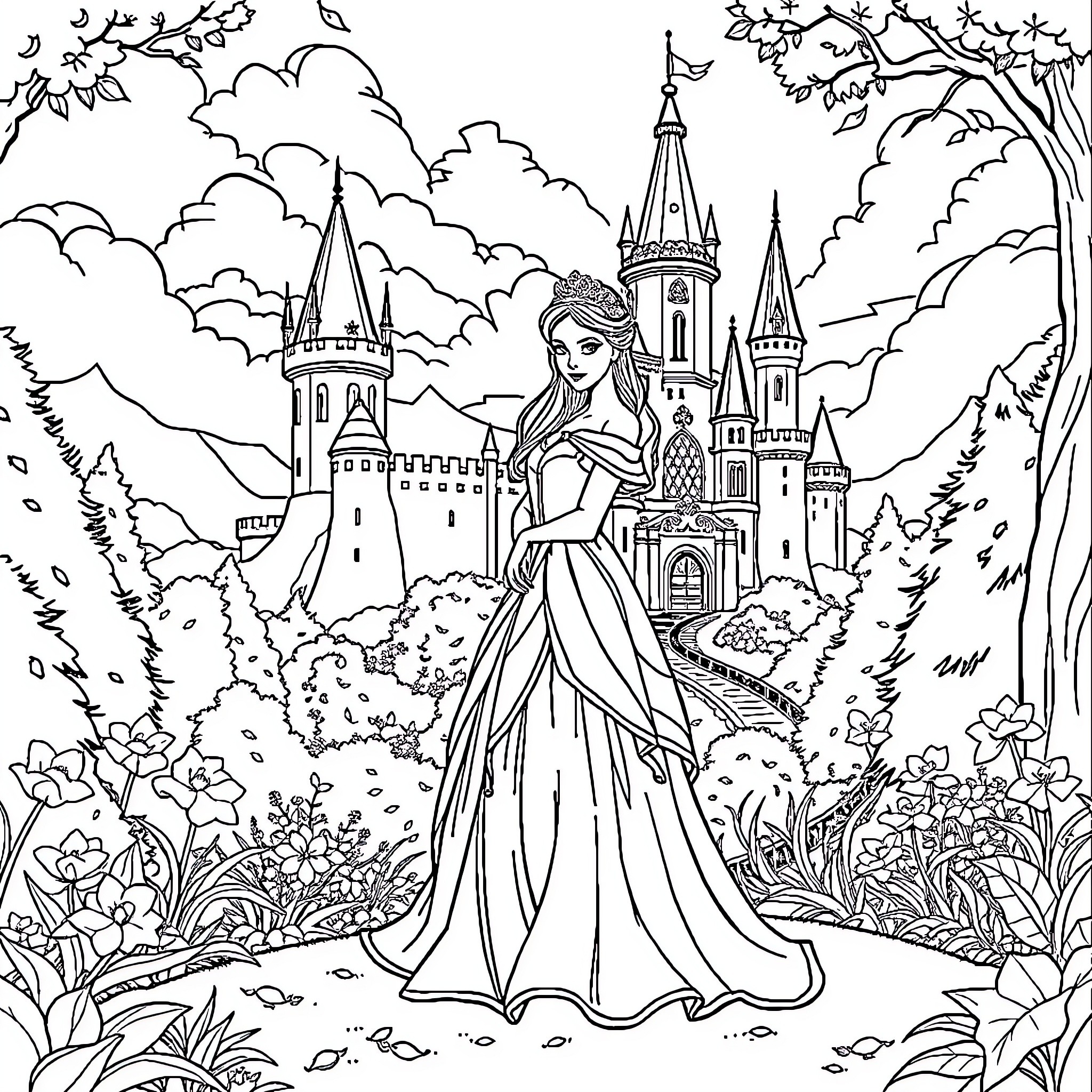 Princess in a Magical Castle Garden Coloring Page (free black-and-white line drawing printable PDF for all, from beginners to advanced learners, including children, teens, adults, and seniors)