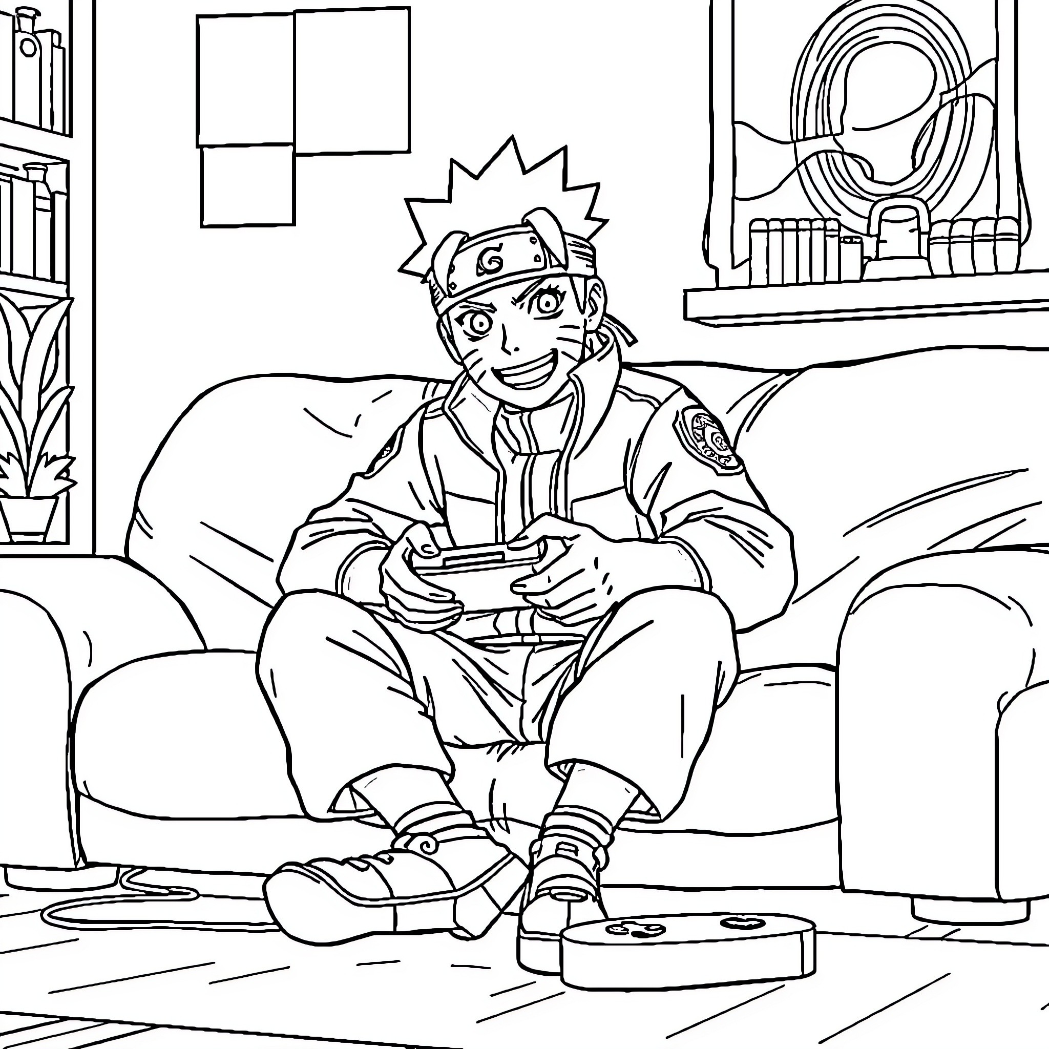 Naruto relaxing and gaming at home Coloring Page (free black-and-white line drawing printable PDF for all, from beginners to advanced learners, including children, teens, adults, and seniors)