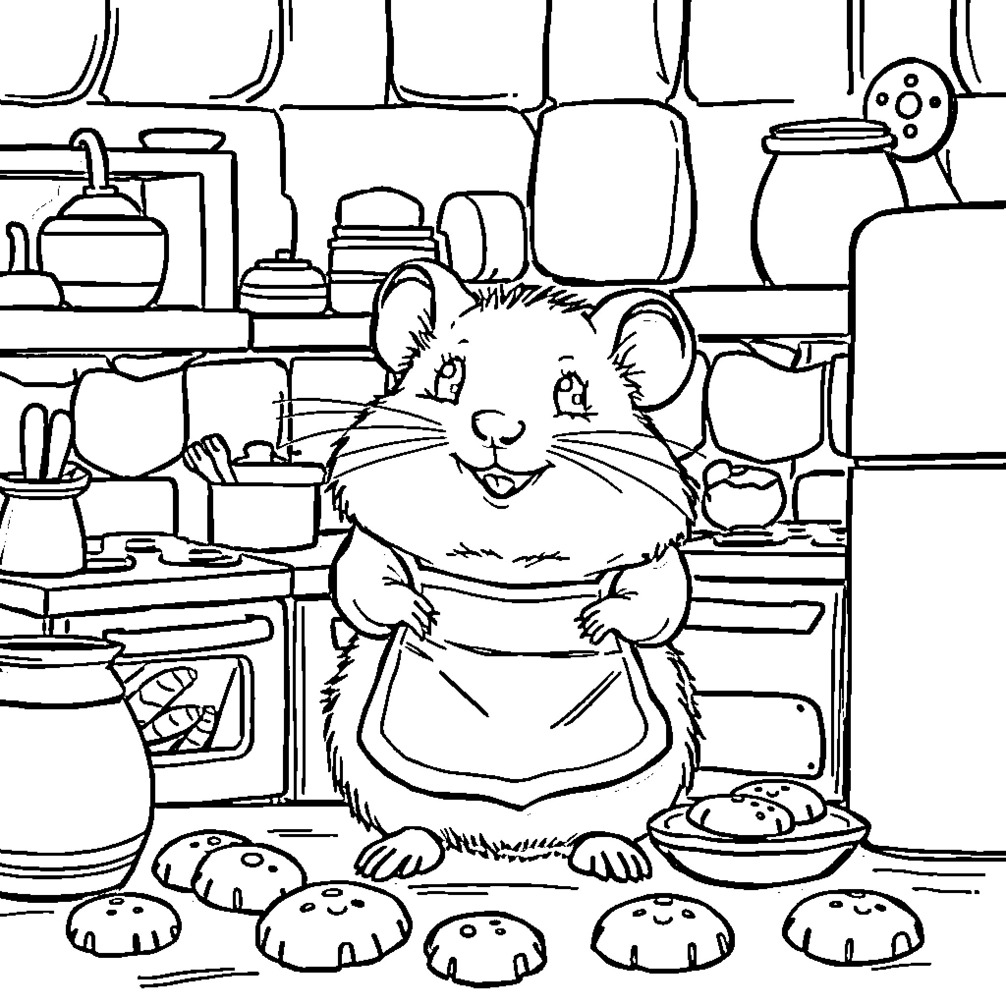 Hamster baking in the kitchen Coloring Page (free black-and-white line drawing printable PDF for all, from beginners to advanced learners, including children, teens, adults, and seniors)
