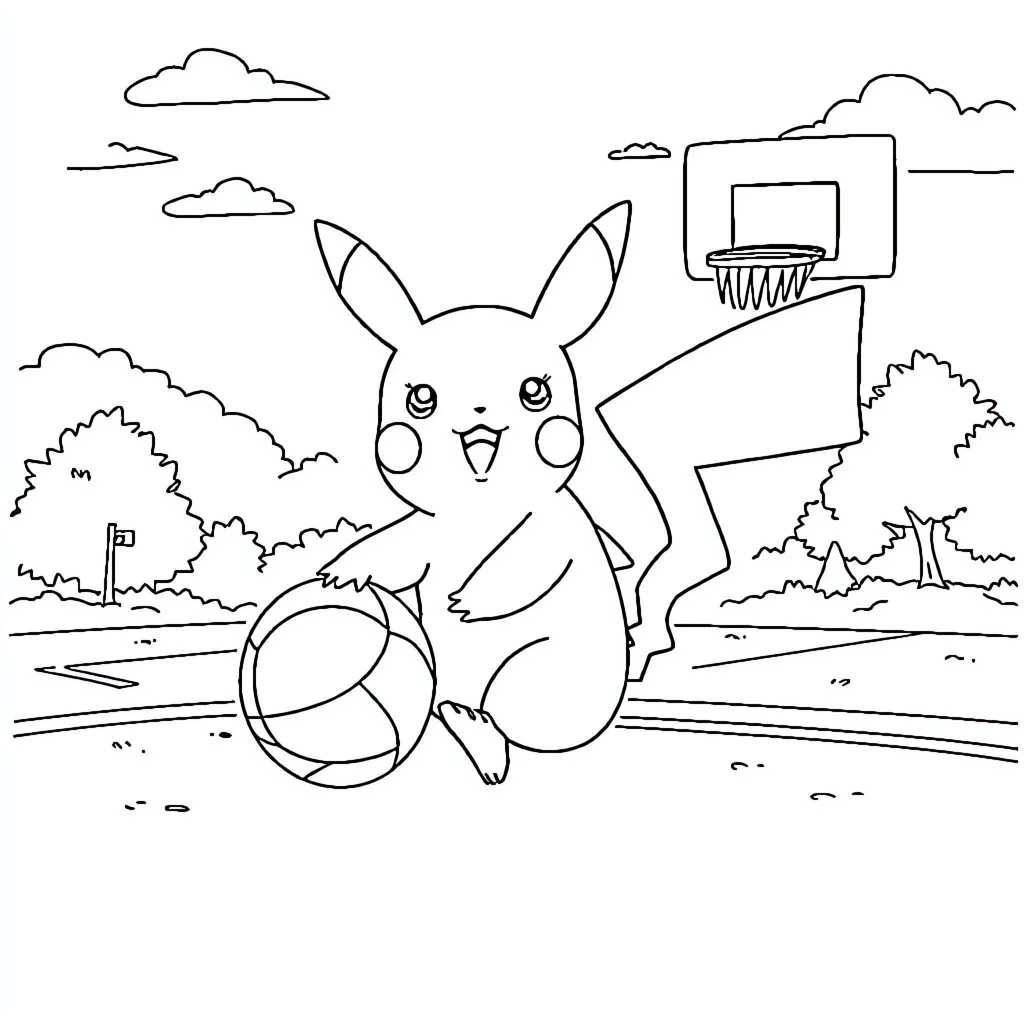 Pikachu playing basketball outdoors Coloring Page (free black-and-white line drawing printable PDF for all, from beginners to advanced learners, including children, teens, adults, and seniors)