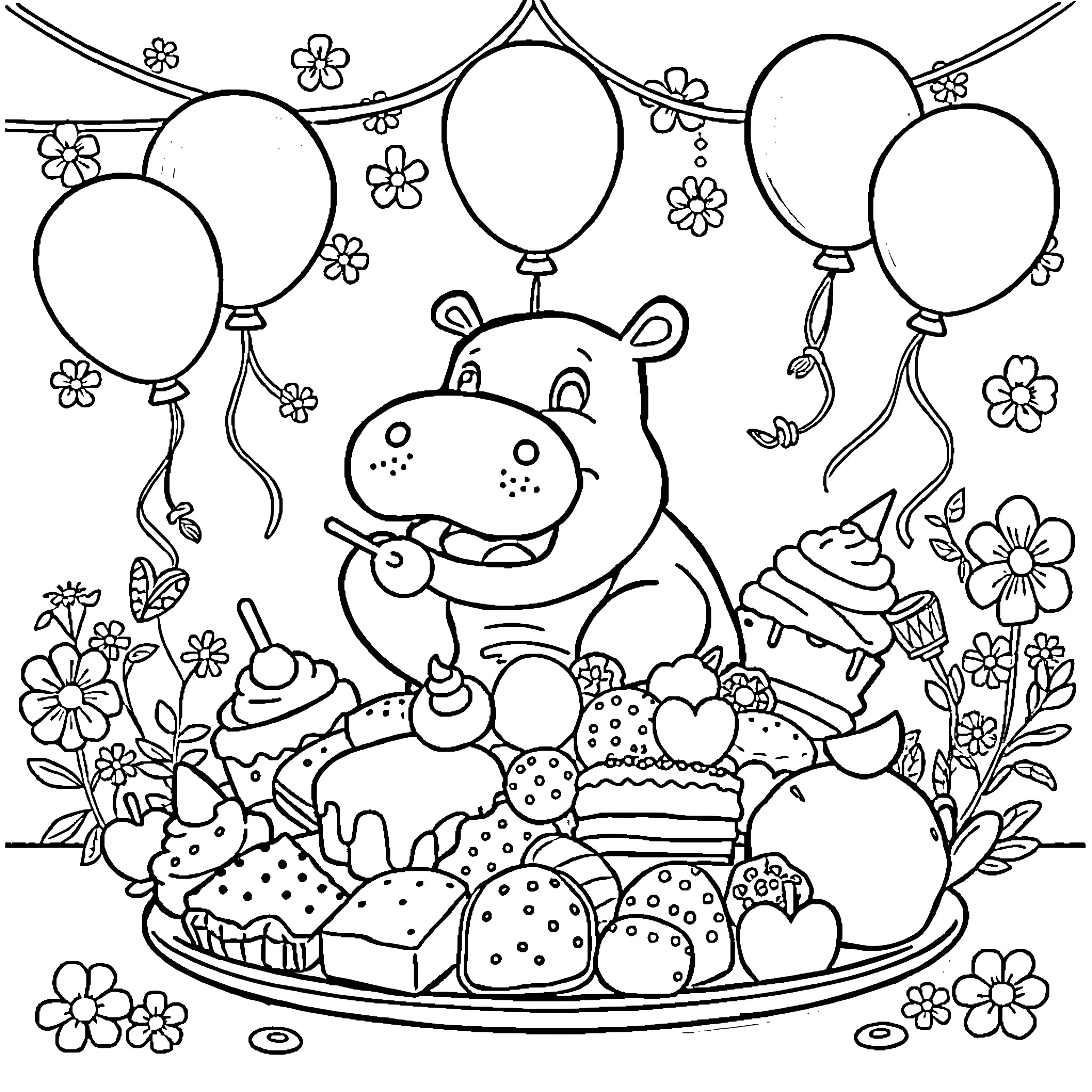 Hippo enjoying a birthday celebration with balloons and treats Coloring Page (free black-and-white line drawing printable PDF for all, from beginners to advanced learners, including children, teens, adults, and seniors)